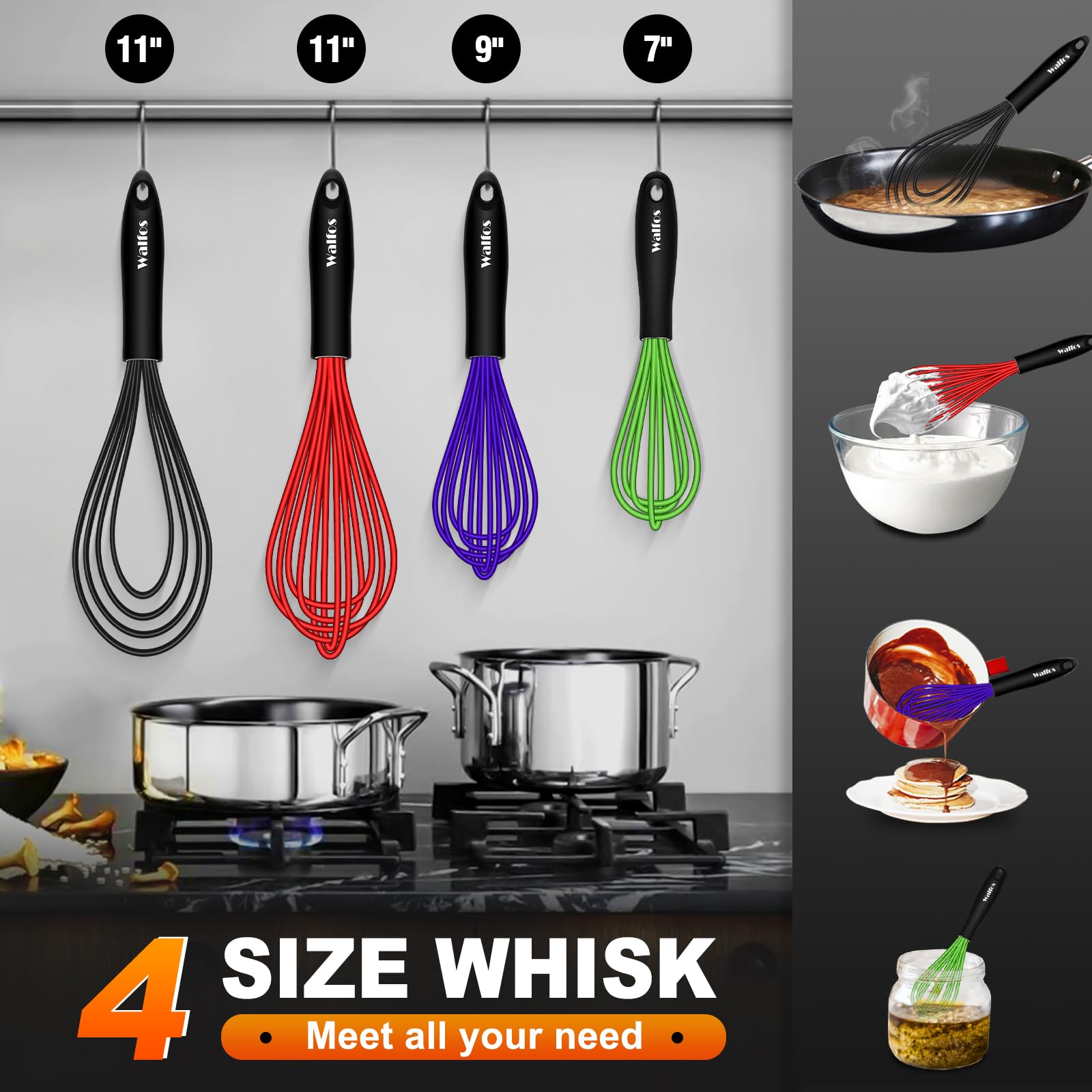 Walfos Silikon-Schneebesen-Set, kratzfest, robustes Set mit 4 Küchenbesen, 27.9 cm flacher Schneebesen und 19.1 cm + 22.9 cm + 27.9 cm Ballon-Schneebesen (bunt)