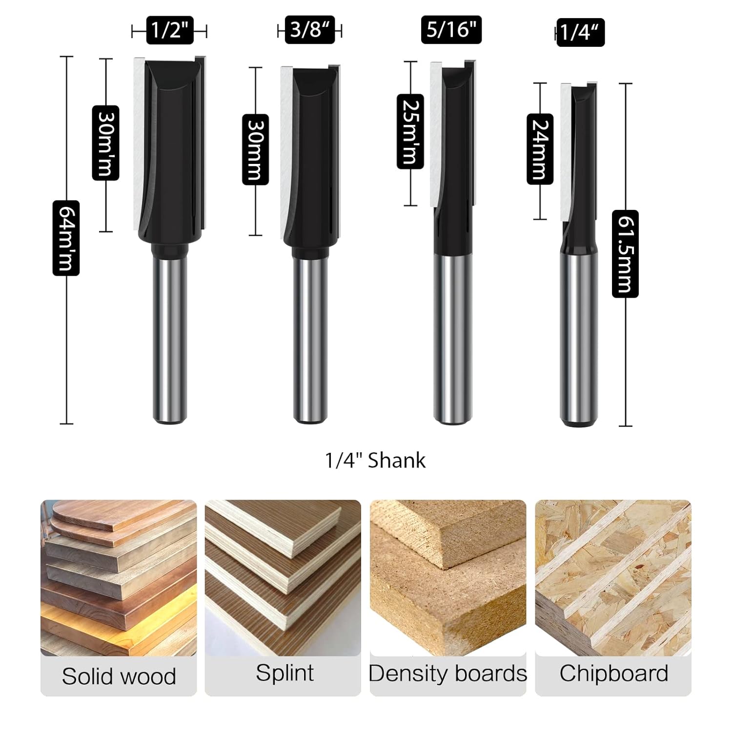 Double Flute Straight Bit Cleaning Bottom Router Bit 1/4-Inch Shank - 1/8, 3/16, 3/8, 1/2, 5/8, 3/4, 1 Inch Cutting Dia Woodwork Cutter 7PCS