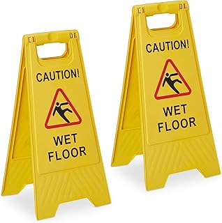 Relaxdays Cartel Suelo Mojado en Inglés, Caution Wet Floor, Set 2, Plegable, Escrito Ambos Lados, Plástico, Amarillo, 59 x 29 x 23 cm