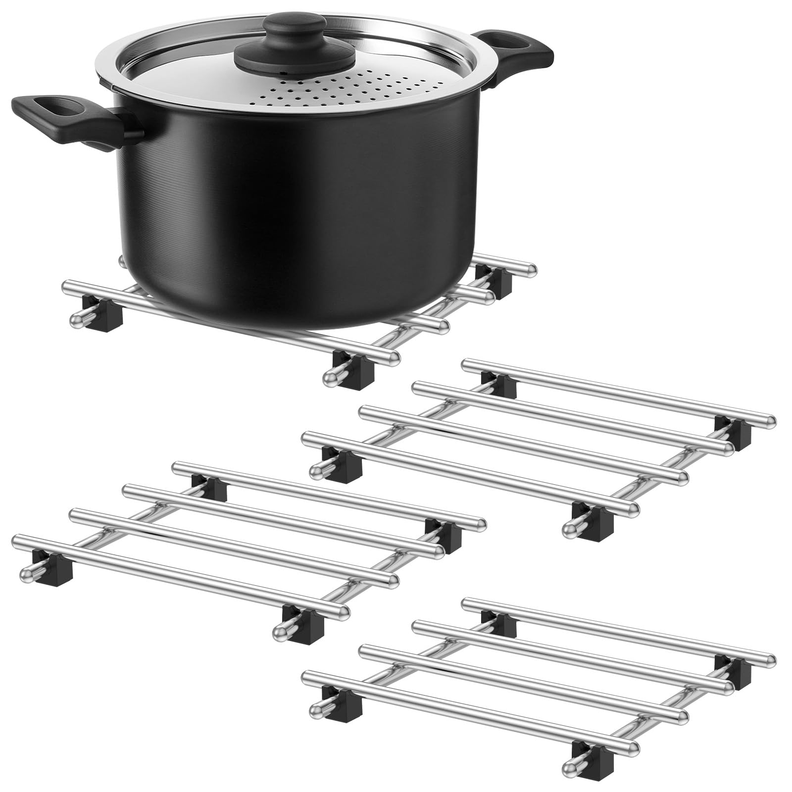 4 Pack Stainless Steel Trivet for Hot Dishes, 18 x 18 cm Metal Cooling Rack Set, Heat Resistant Kitchen Worktop Protector Mats with Non-Slip Feet for Hot Pots Pans Bakeware