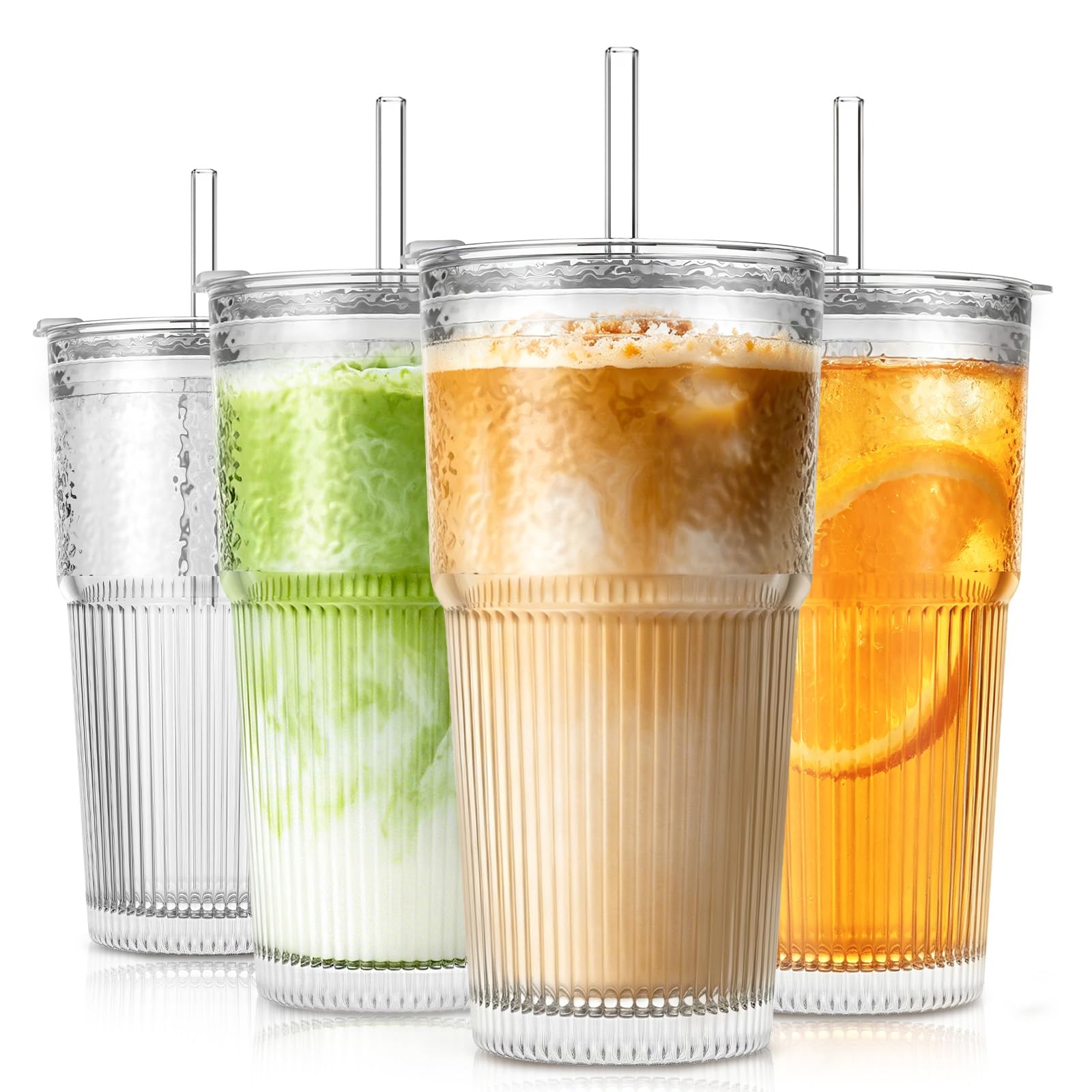 SoulTimes 600ml Ribbed Glass Tumblers with Lids and Glass Straws, Set of 4 โ Leakproof Design, Durable Drinking Glasses for Iced Coffee, Juice, Smoothies & Cold Beverages, Includes Cleaning Brush