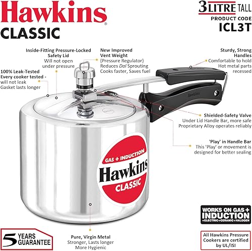 Miniatura 3 de Hawkins Olla a presión clásica de 3 litros, cocina de tapa interior de inducción, cocina de diseño alto, la mejor cocina, plata (ICL3T)
