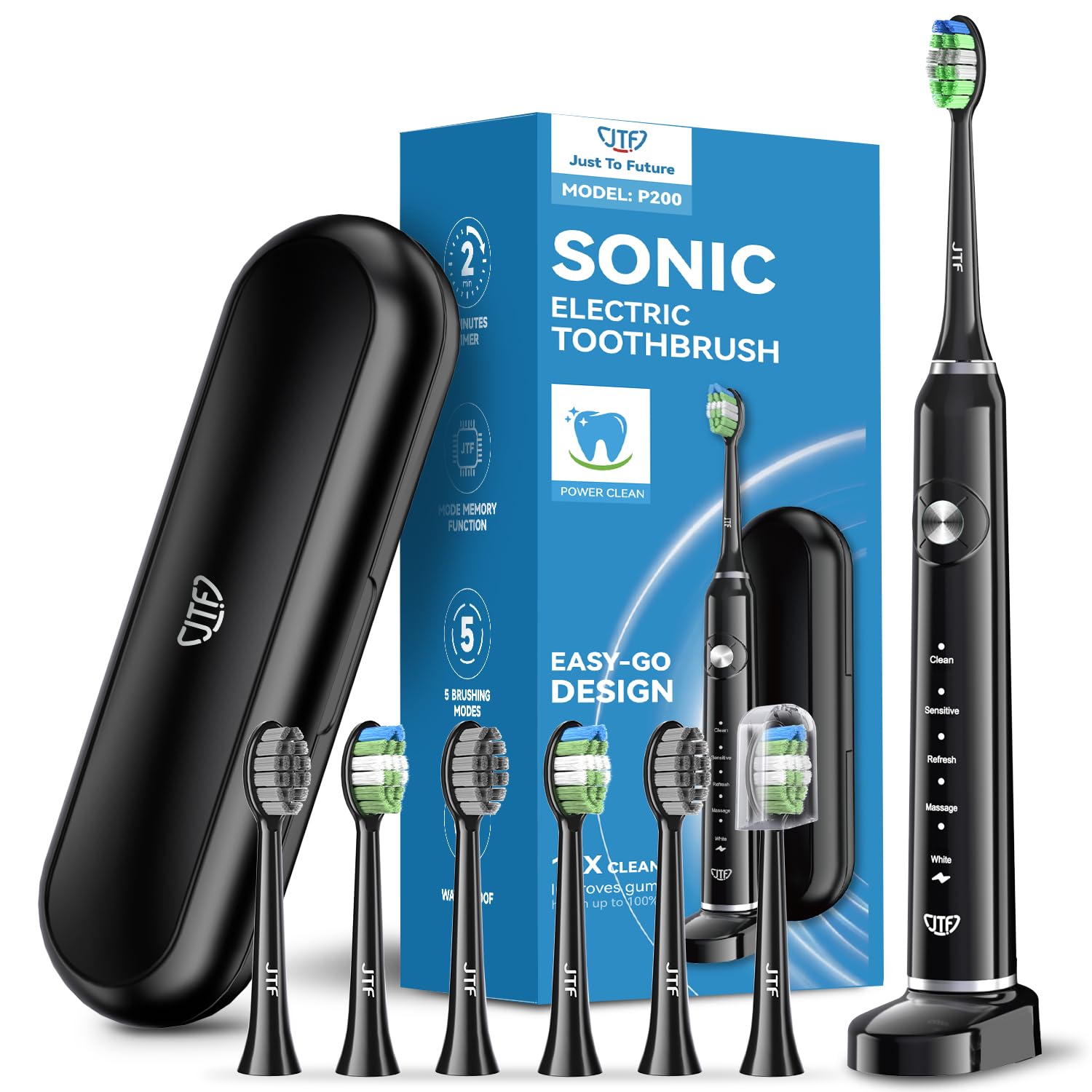 JTF Elektryczna Szczoteczka do Zębów Soniczna - 40000 VPM, 5 Trybów, 6 Głowic, Etui Podróżne, Wytrzymałość 60 Dni, IPX7, Inteligentny Timer