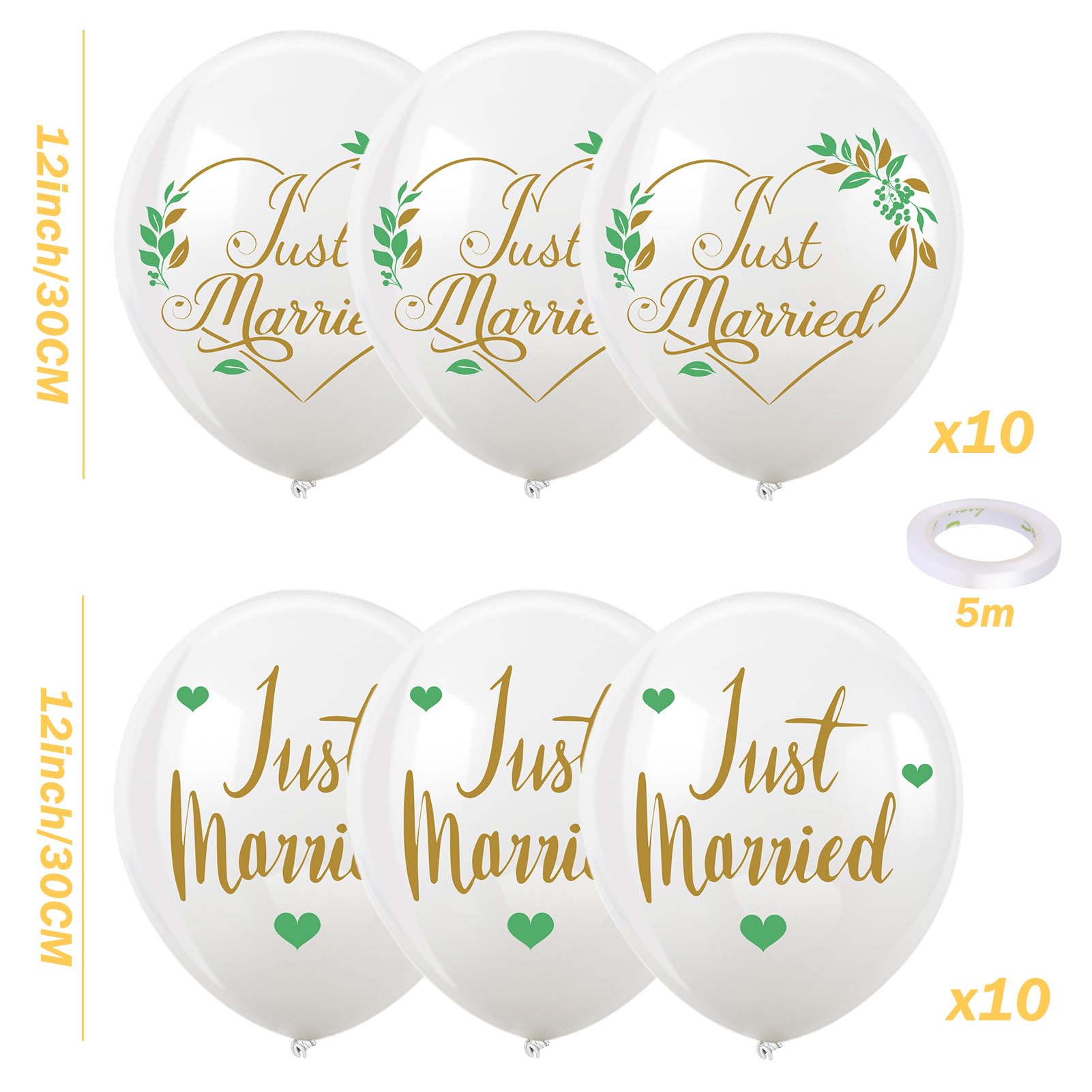 Just Married - Set 24 Decorazioni Matrimonio Bianco E Oro: Striscione, Palloncini Con Coriandoli E Love, MRS E MR