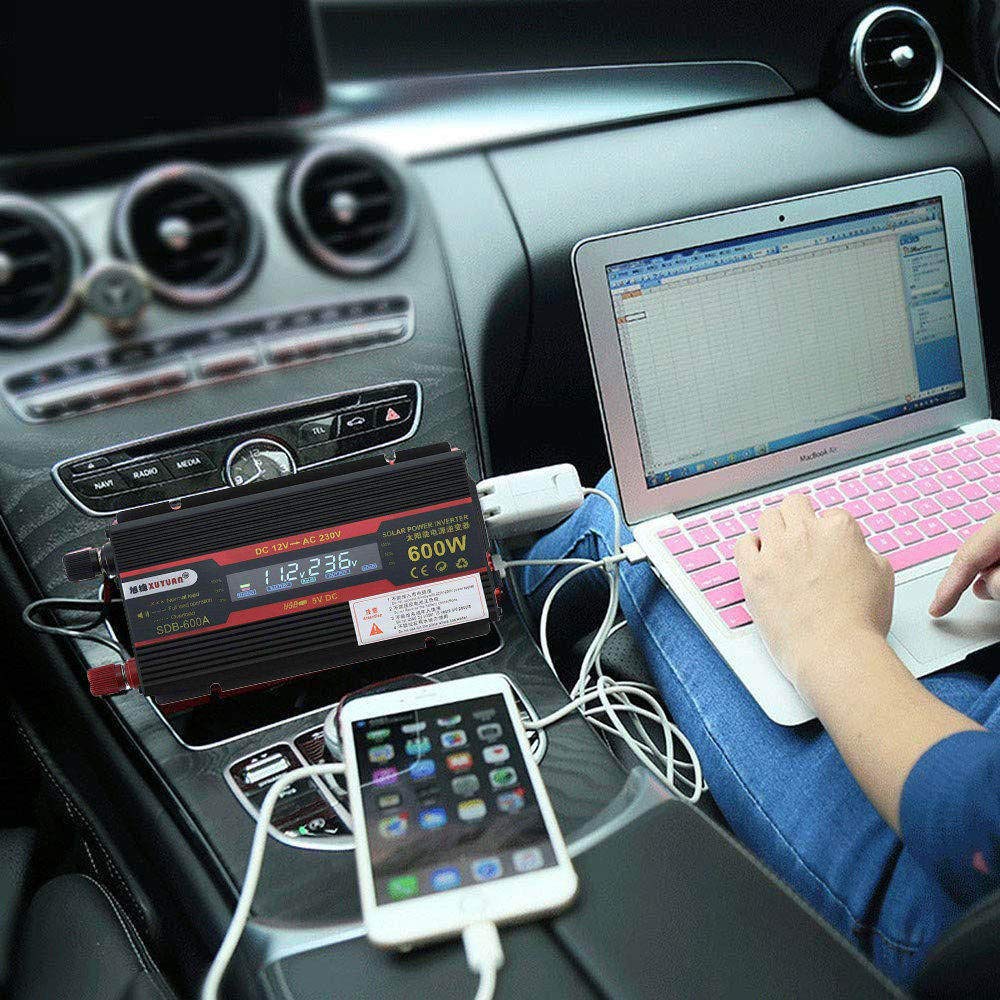 Inversor de Corriente 600W Modificado DC 12V 24V a 110V 220V AC Inversor de automóvil con Adaptador de automóvil USB con Pantalla LED, 24VTO220V