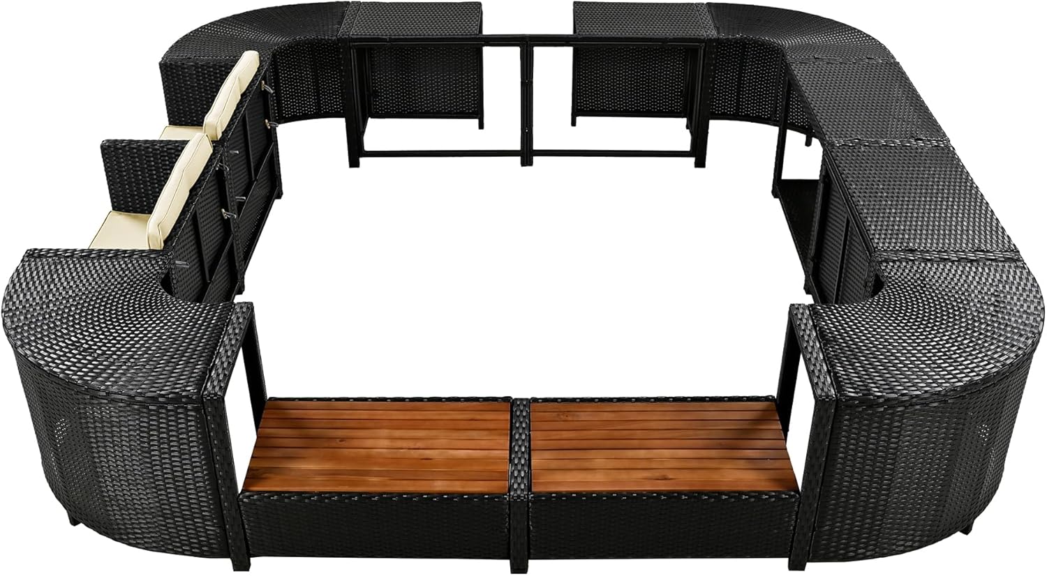 P PURLOVE Spa Surround, Quadrilateral Patio Rattan Sofa Set with Storage Spaces, Mini Sofa, Wooden Seats and Comfortable Cushions for Patio, Backyard (Beige)