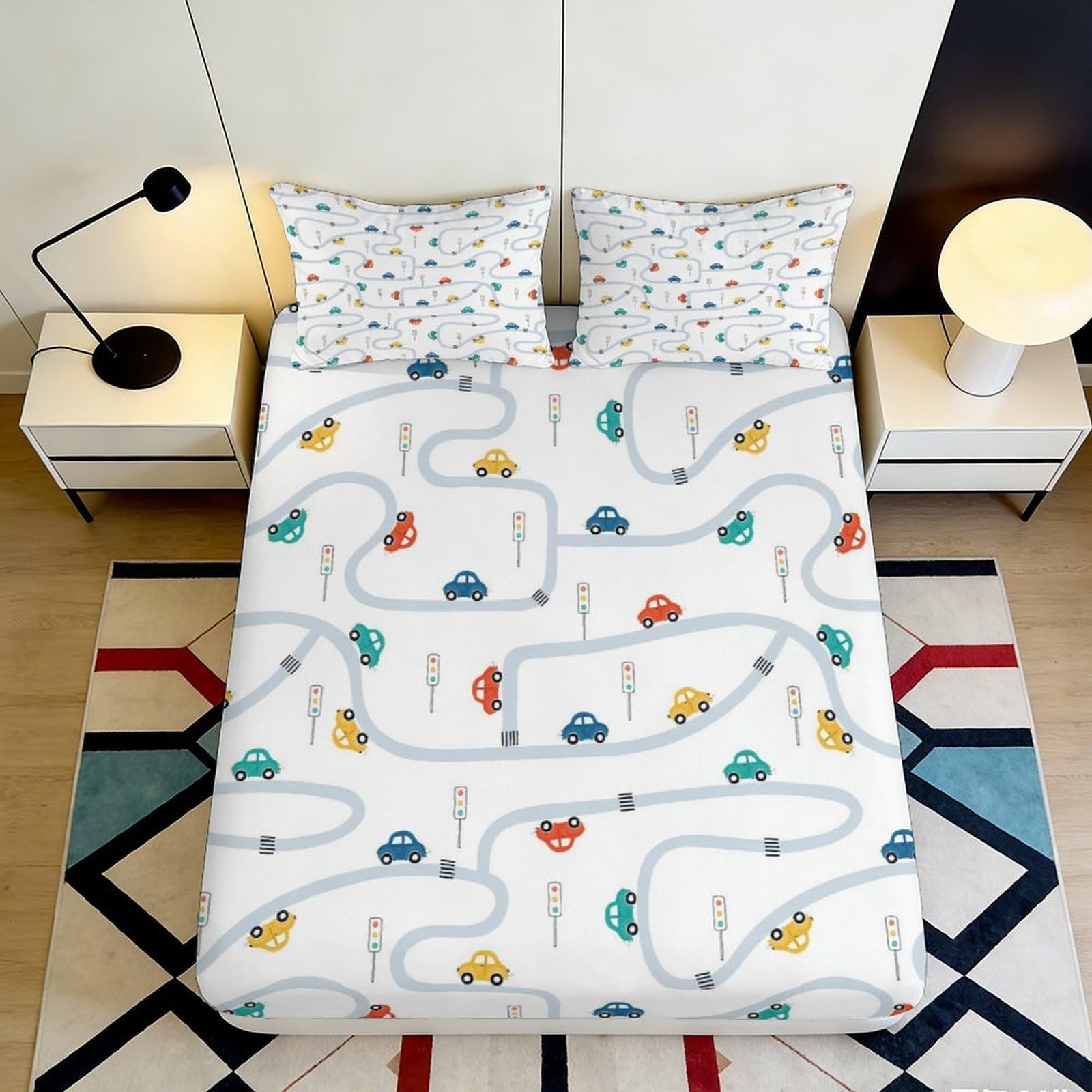 3D Printed Cartoon Race Car Fitted Sheet Microfiber Deep Pocket Non-Slip Cartoon Race Track Mattress Fitted Cover for Bedroom 90x200x25cm