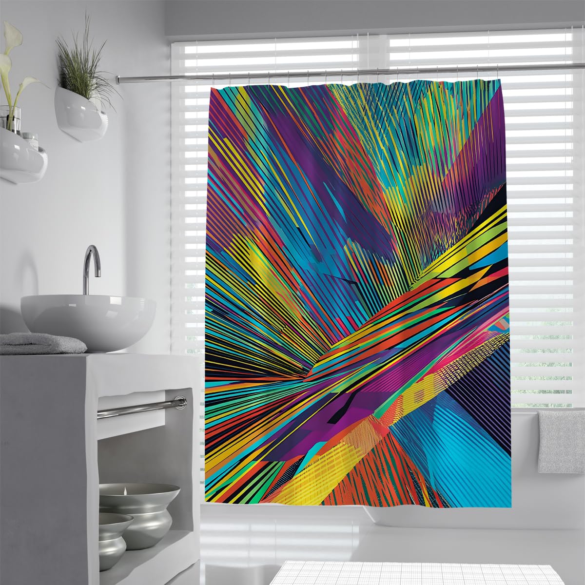 UIRINGART Contemporary Starburst Shower Curtain W180xL220cm Abstract Geometric Radiating Laser Lines Pattern Mildew Resistant Quick Dry Guest Toilet Bath Screen With Hook