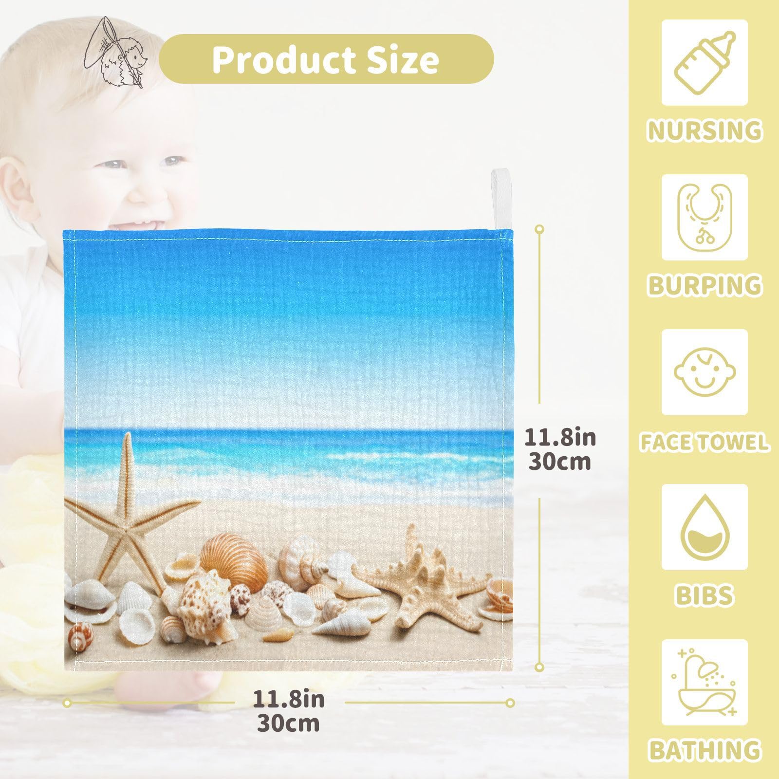 Nander 3Pack Baby Muslin Washcloths,Beach Starfish and Shells Soft Face Cloths for Newborn, Absorbent Bath Wash Cloths, Wipes, Burp Rag,Toddlers Essentials Stuff, Baby Registry as Shower