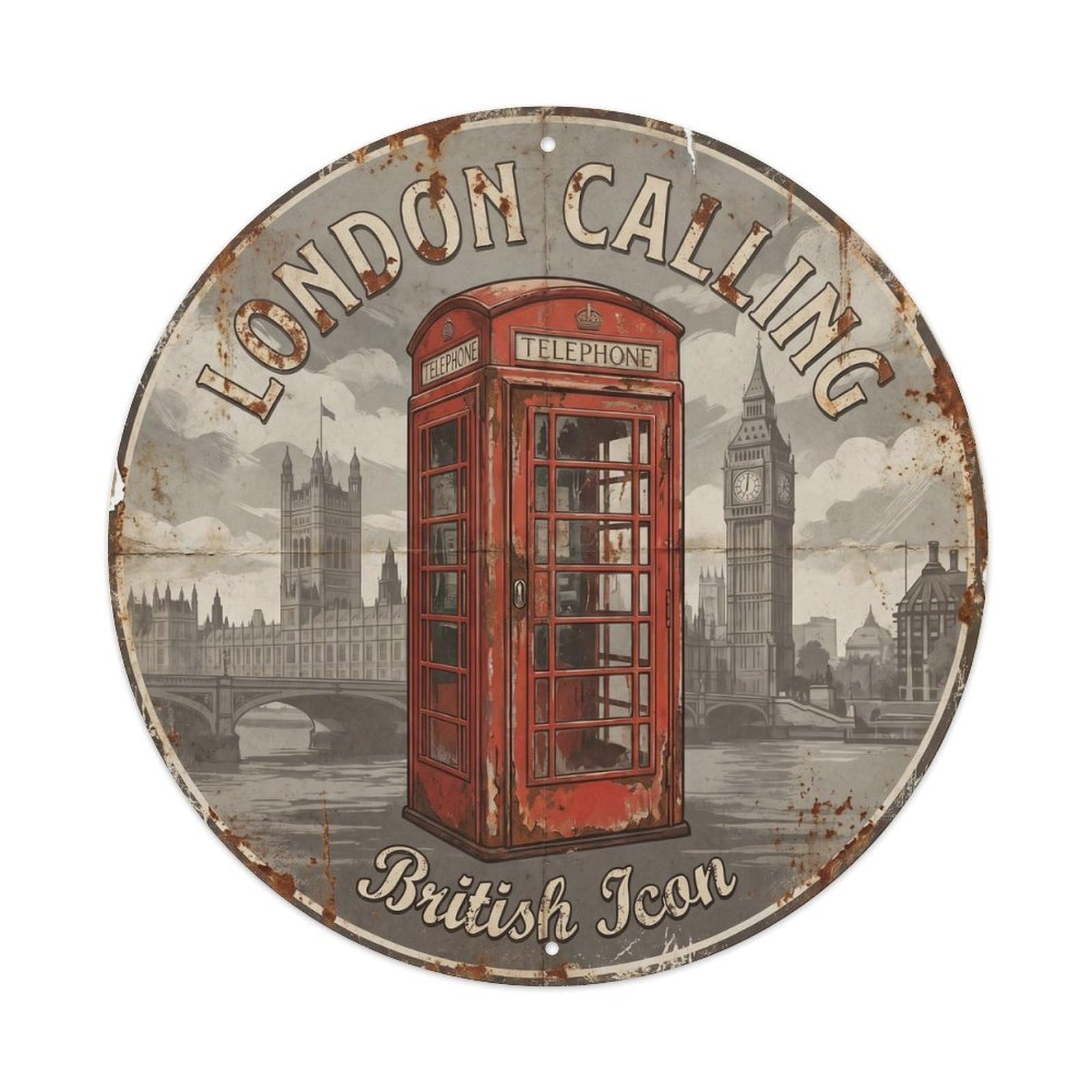 Vintage Travel Red Telephone London Metal Tin Sign Plaque Wall Decor for Cafe, Club, Garden Round Metal Poster 8x8Inch