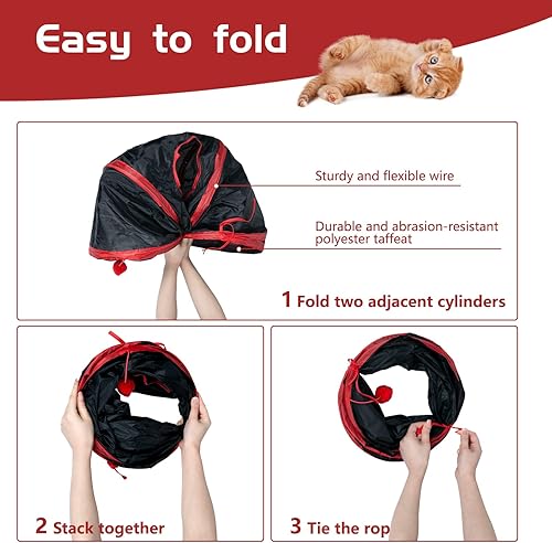 Vista 4 de Sheldamy Túnel para gatos, túnel de juego plegable de 2 vías, laberinto de juguete interactivo para animales pequeños, rojo y negro 2 vías rojo