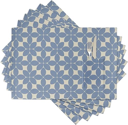 Juego de 6 manteles individuales geométricos azules para mesa de comedor, manteles individuales de lino de algodón con bolsillo, tapete de arpillera