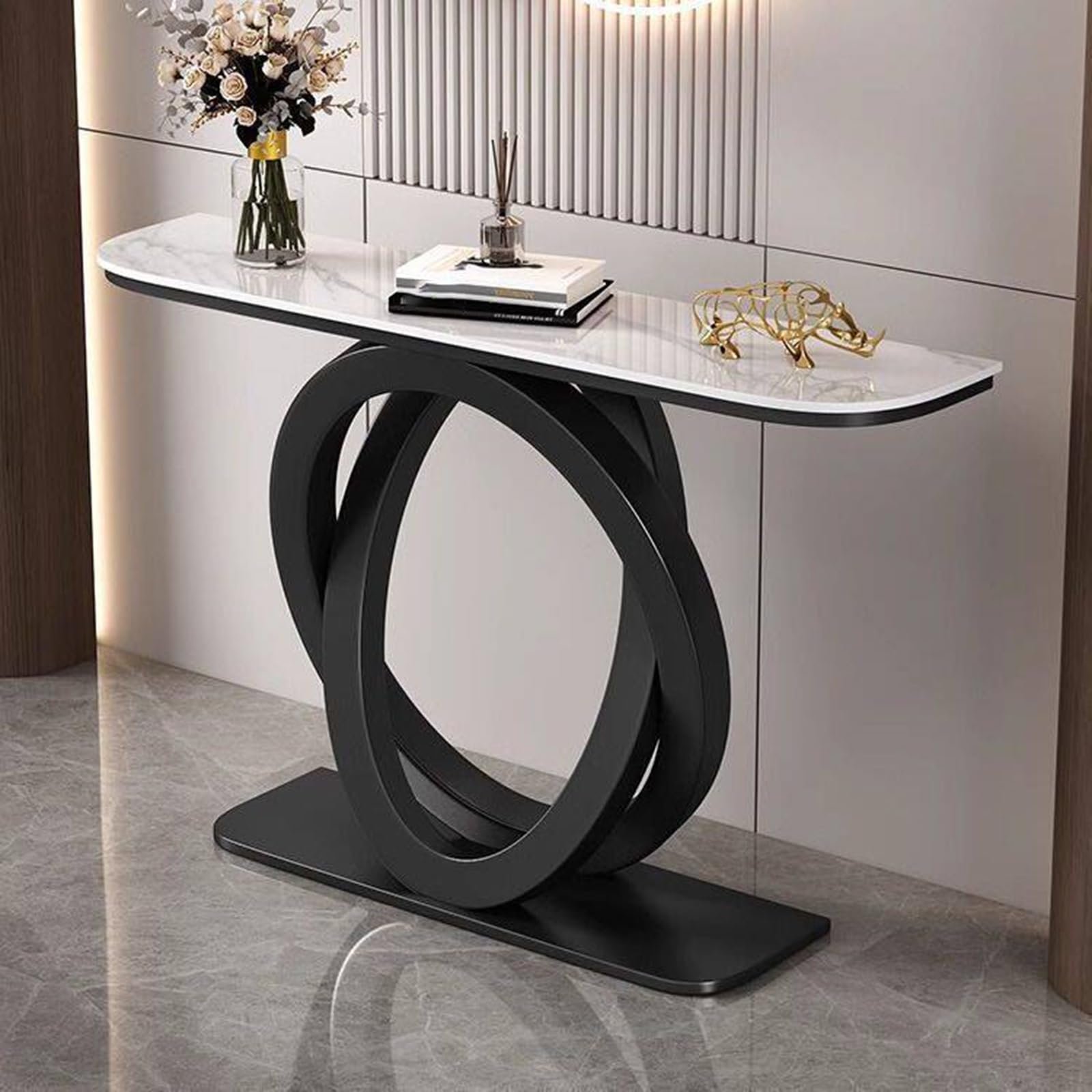 MESCXTY Modern Entryway Console Hallway Table with Sintered Stone Countertop, Narrow Sofa Metal Base, for and Living Room(Black,47.2 * 11.8 31.5in)
