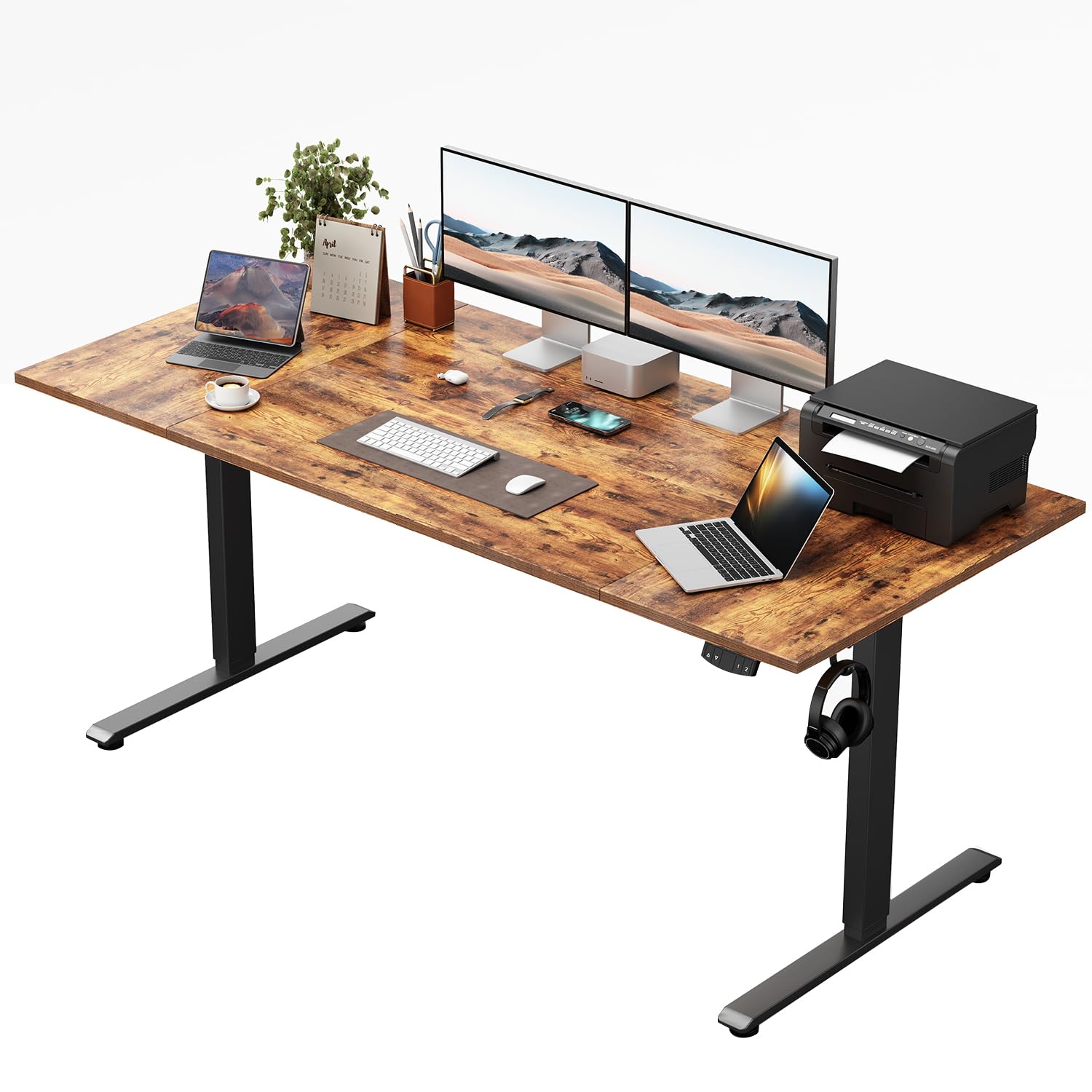 Klicelor Höhenverstellbarer elektrischer Schreibtisch, 140 x 80 cm Sitz-Steh-Bürotisch, Computertisch mit Memory-Funktion, Stehpult, Gaming-Tisch mit vierteiliger Tischplatte, Braun
