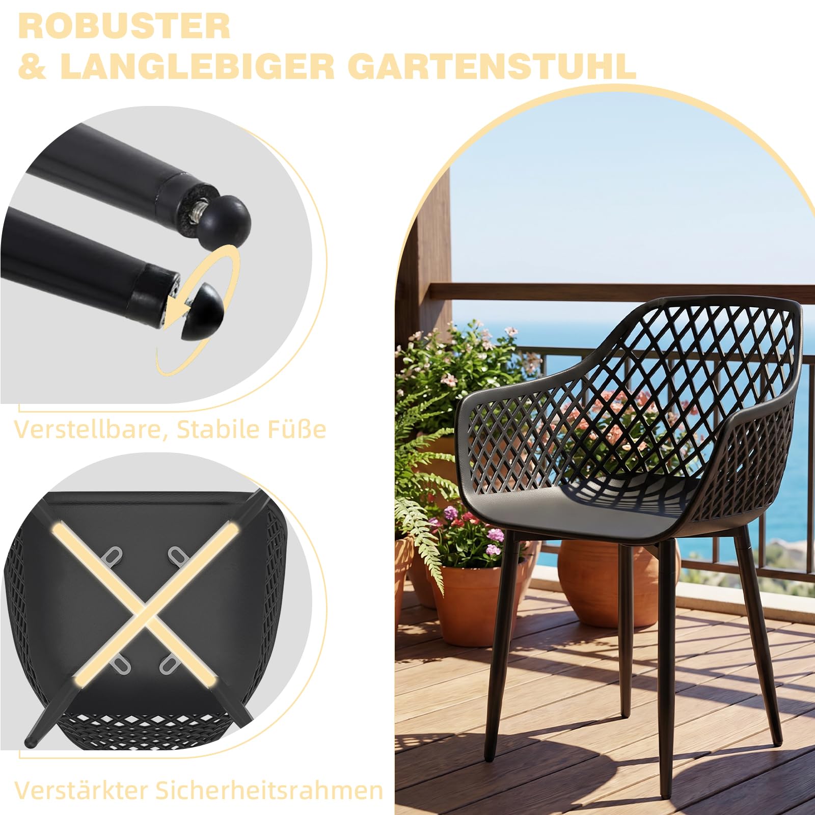 Set 6 Sedia Giardino Esterno PP Metallo Braccioli 120 kg Nero