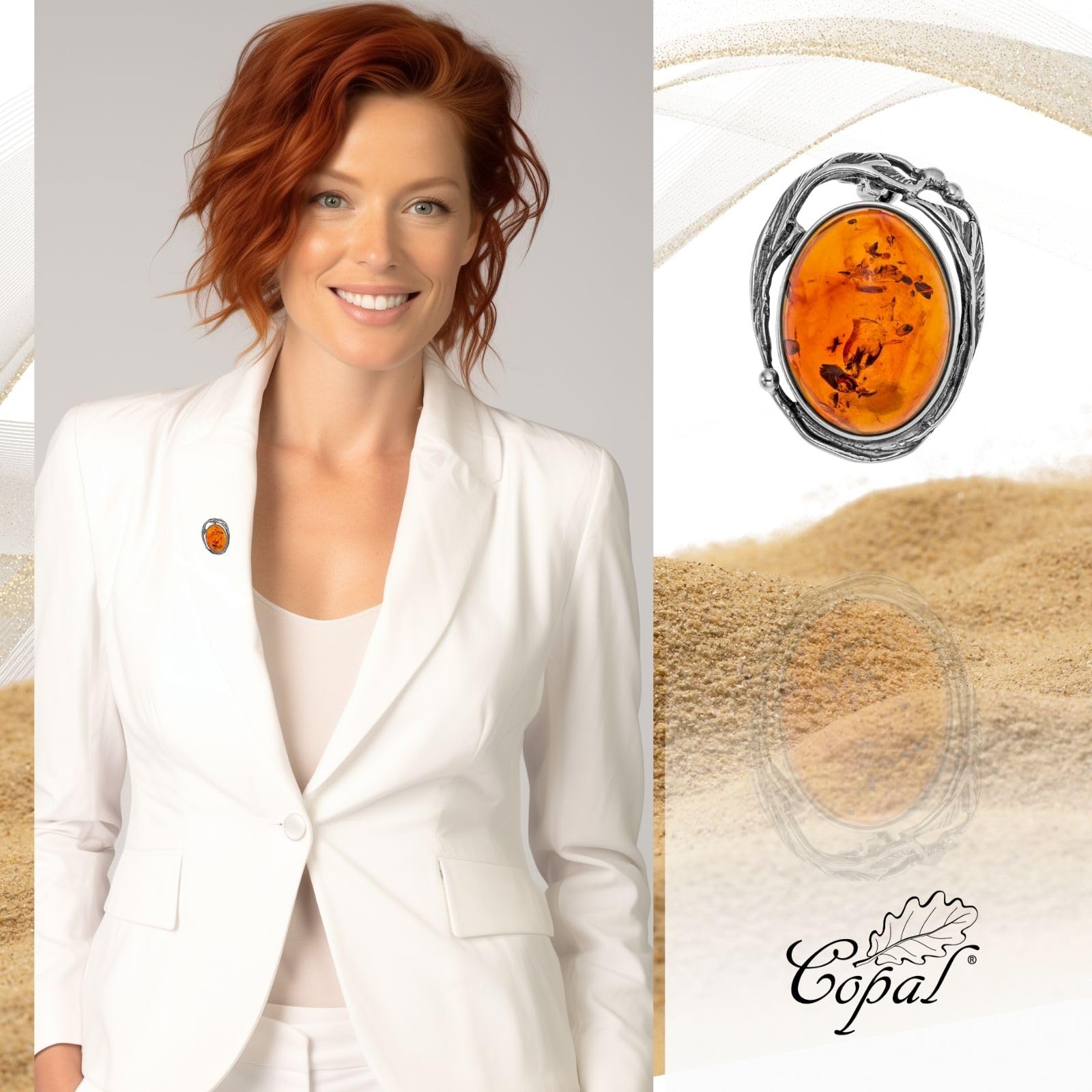 Spilla Da Donna In Argento Sterling Con Ambra Ovale In Design Artistico