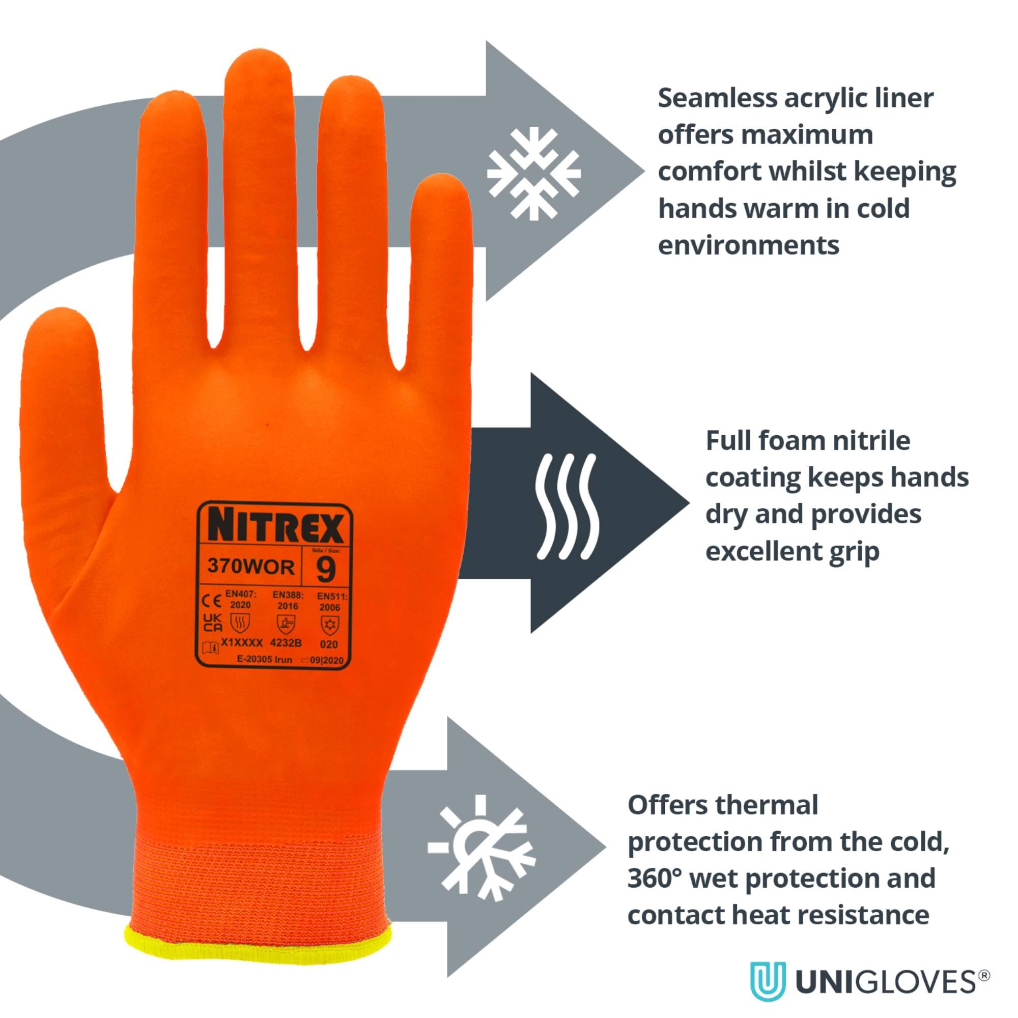 NITREX 370WOR Gants thermiques de travail, anti-coupure Catégorie B, adhérence accrue en conditions humides et sèches, haute visibilité, résistant à l'abrasion, orange, taille 11