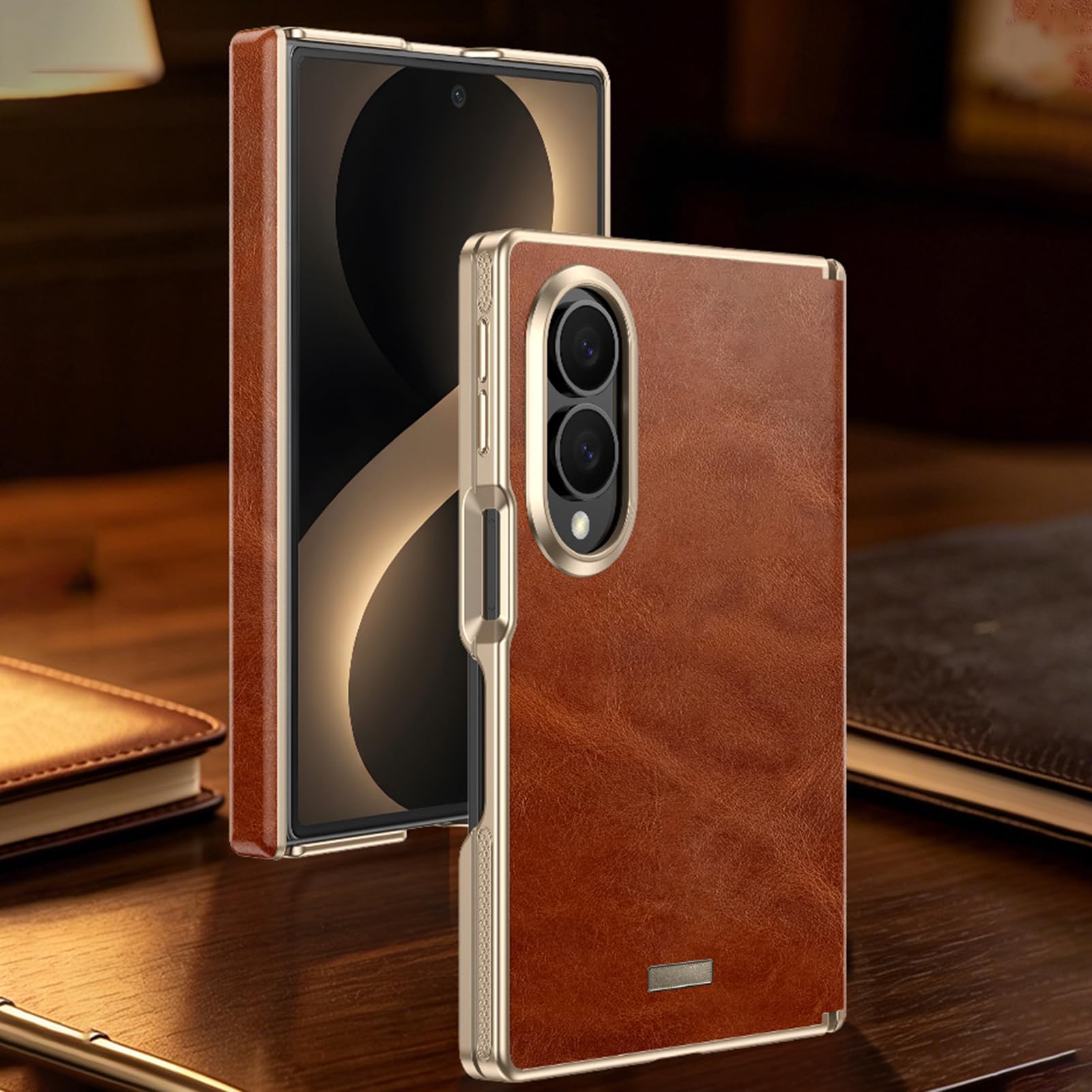 Funda De Negocios For Samsung Galaxy Z Fold 8, Cubierta De Lente De Envoltura Completa, Patrón De Cera De Aceite, Carcasa Vintage Antihuellas, Bisagra De Cuero, Protección contra Caídas(Black)
