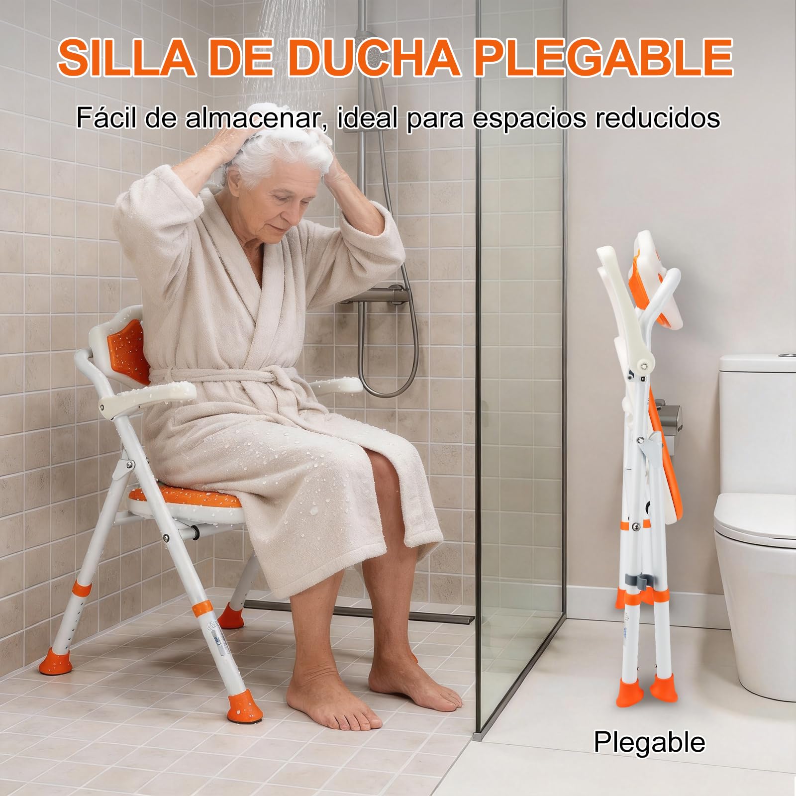 Plegable Silla Ducha Personas Mayores con Reposabrazos y Respaldo abatibles, Silla para Ducha Altura Ajustable con Soporte para Cabezal de Ducha, Capacidad de Carga 120 Kg