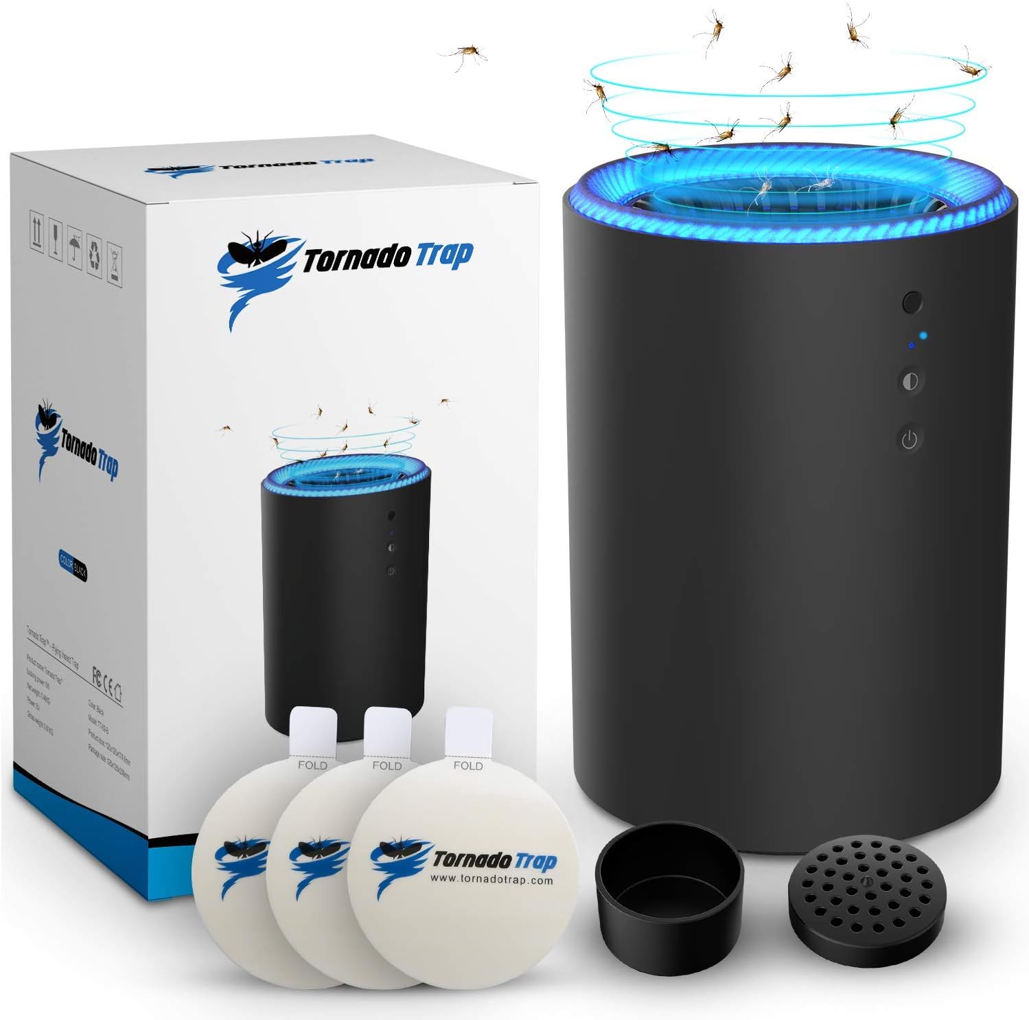 Tornado Trap Indoor Mosquito Fruit Fly Gnat Killer - Electronic Flying Insect Bug Catcher uses Light Lamp and/or Natural Bait, 5w Fan, Sticky Glue Boards, No Zapper, Child Safe, Non-Toxic (Black)