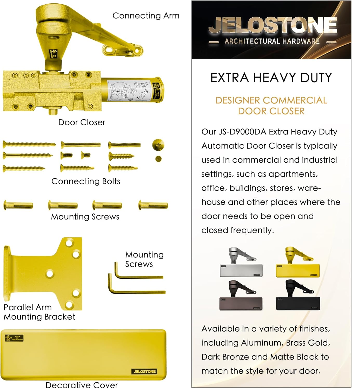 Extra Heavy Duty, Commercial Door Closer D9000DA, ANSI Grade 1, UL 3 Hour Fire Rated, ADA Compliant, Delayed Action, Adjustable Spring Size 1-6 for Doors (44-330LB/30-60 in), Indoor/Outdoor (Gold)