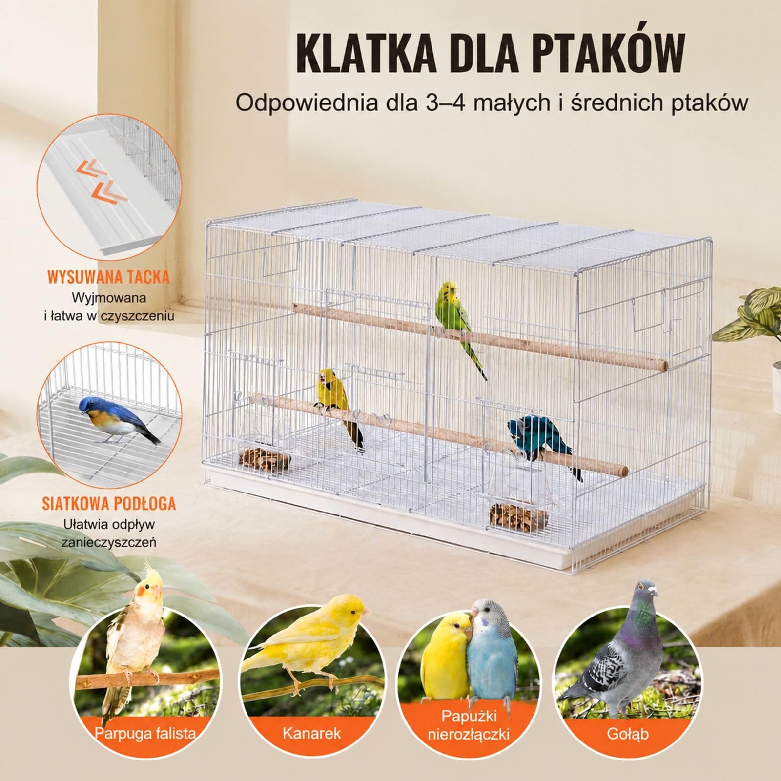 Biała metalowa klatka dla małych papug, kanarków i zięb z uchwytem oraz żerdziami