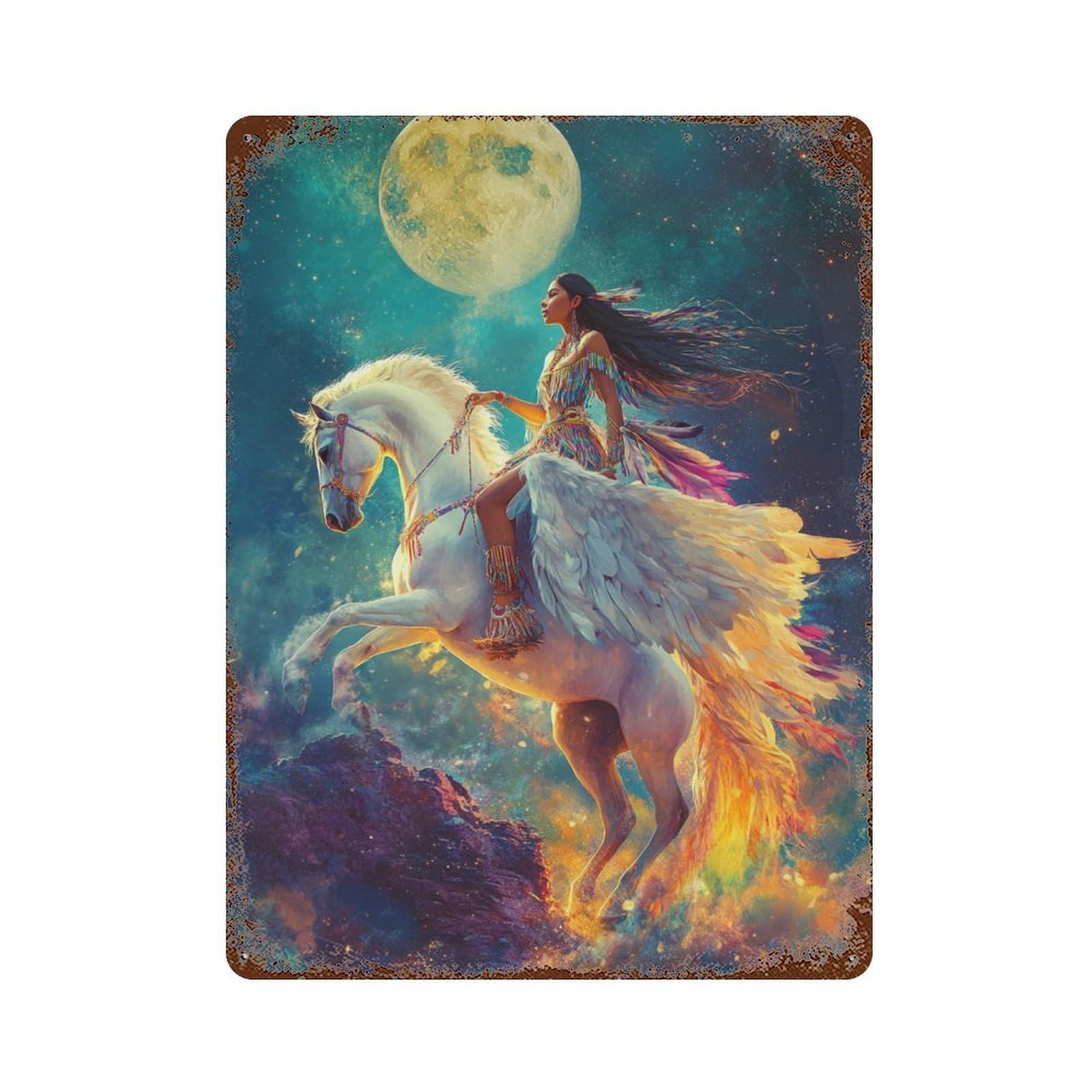 Garage Style Fantasy Moonlit Horse Ride Weathered Tin Sign 15.7"x11.8", Old School Wall Decor for Bar And Workshop