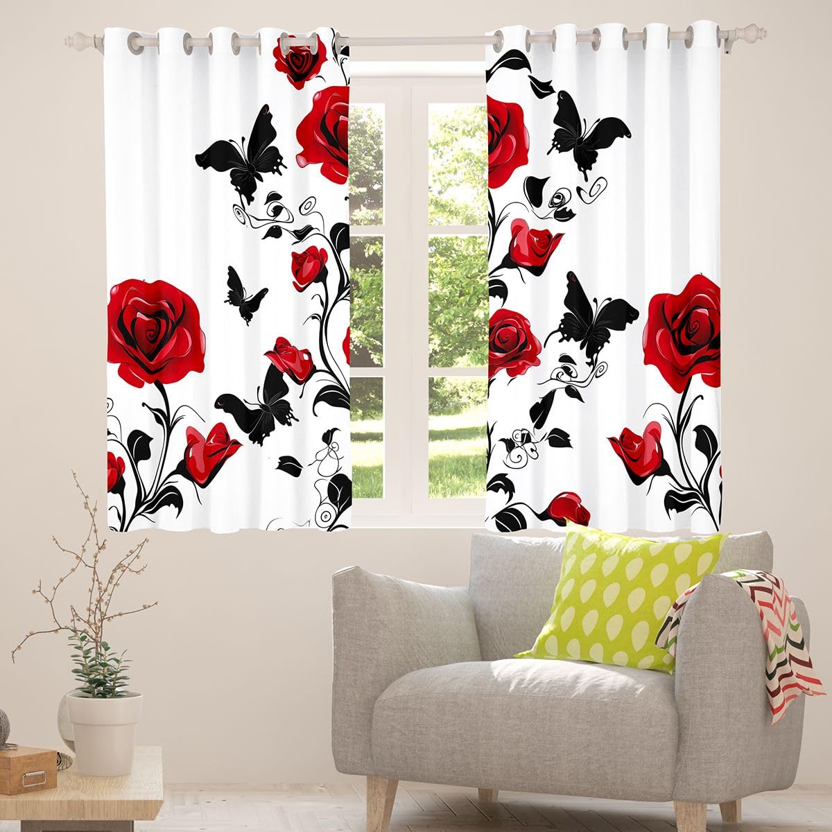 Homewish Rideau Occultant 140x245 cm Rose Rouge,Rideau Saint-Valentin Fleurs,Rideaux Voilage Roses Gothiques Papillon Imprimé,Voilage Fenetre Décoration Rose pour Chambre Salon