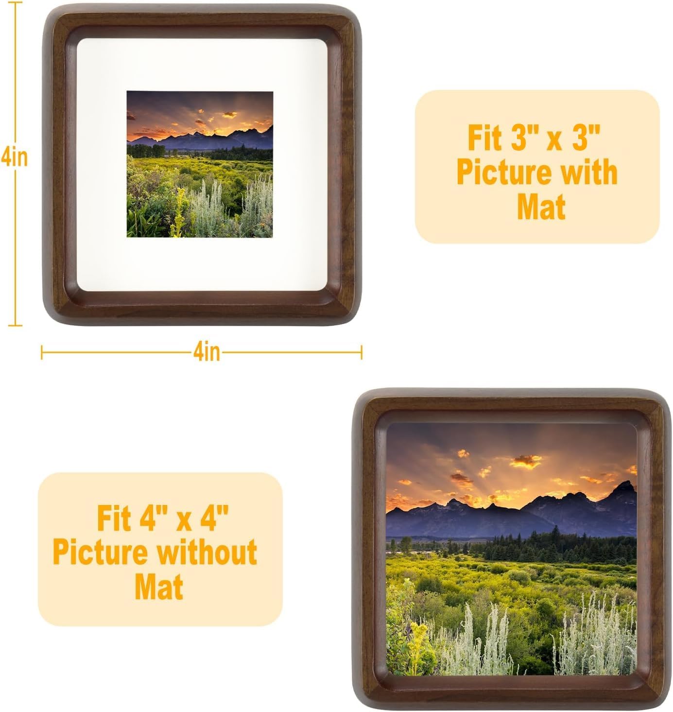HELPLEX 4x4 Matted to 3x3 Square Picture Frame Set of 2 - Natural Walnut Wood with HD Tempered Glass, Convertible Design for Wall or Tabletop Display - Art Gallery & Luxury Home Office Decor