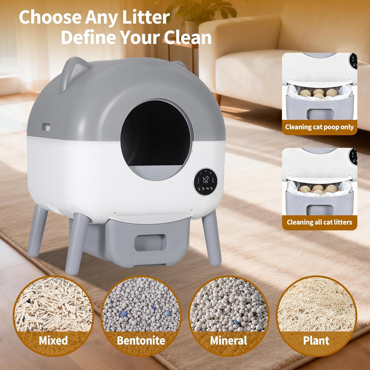 Arenero Autolimpiable para Gatos 66L, Caja De Arena Automática Inteligente con Control por App, Sensores De Seguridad Anti-Atrapamiento, 6 Luces Ambientales Ajustables, Bajo Ruido
