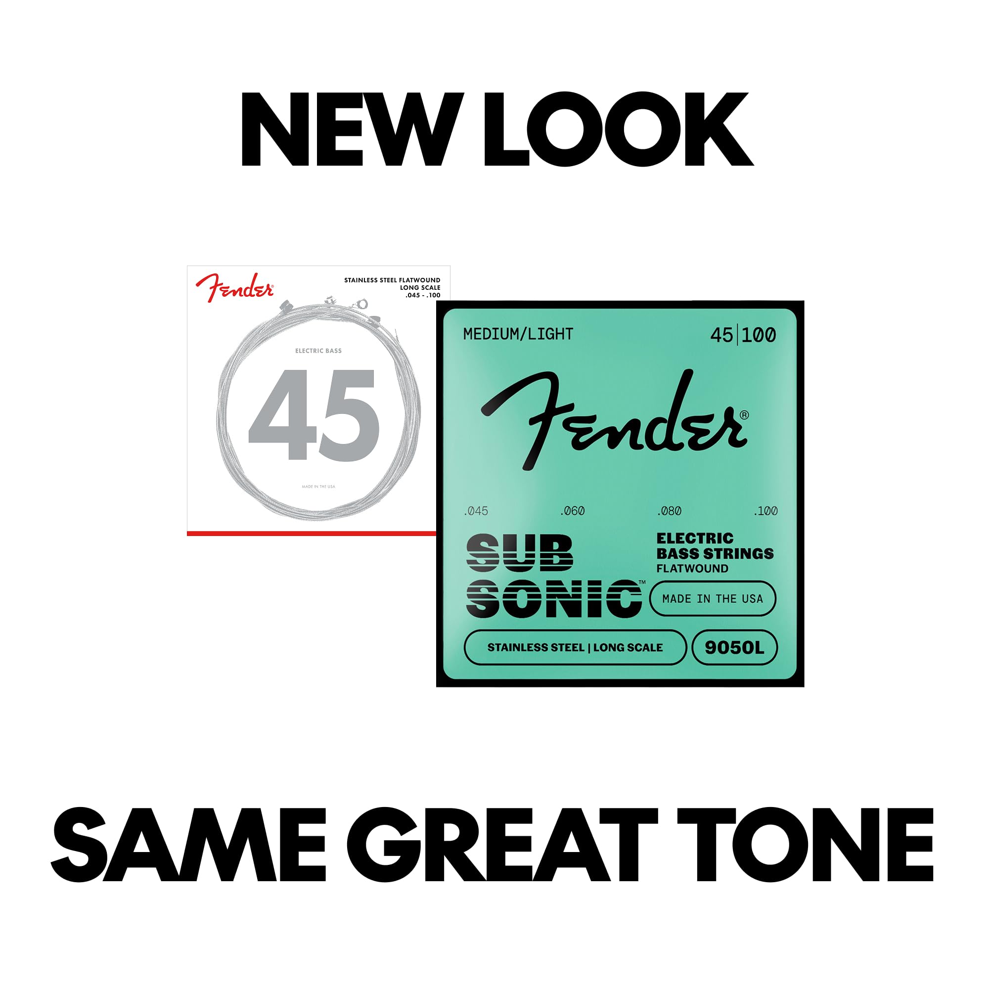 Fender Stainless 9050's Bass Strings, Stainless Steel Flatwound, 9050L .045-.100 Gauges, (4)