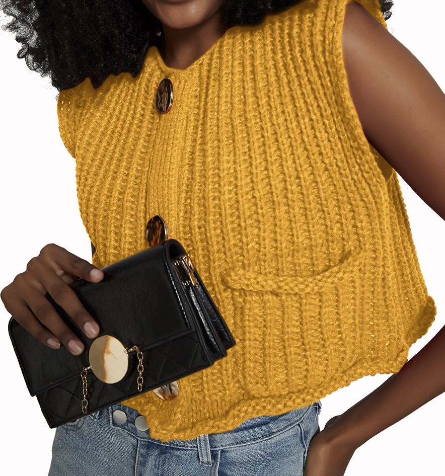 Image of Women's Sleeveless Crochet Cardigan Vest Casual Fashion Button Down Open Front Sweater Vest with Pockets