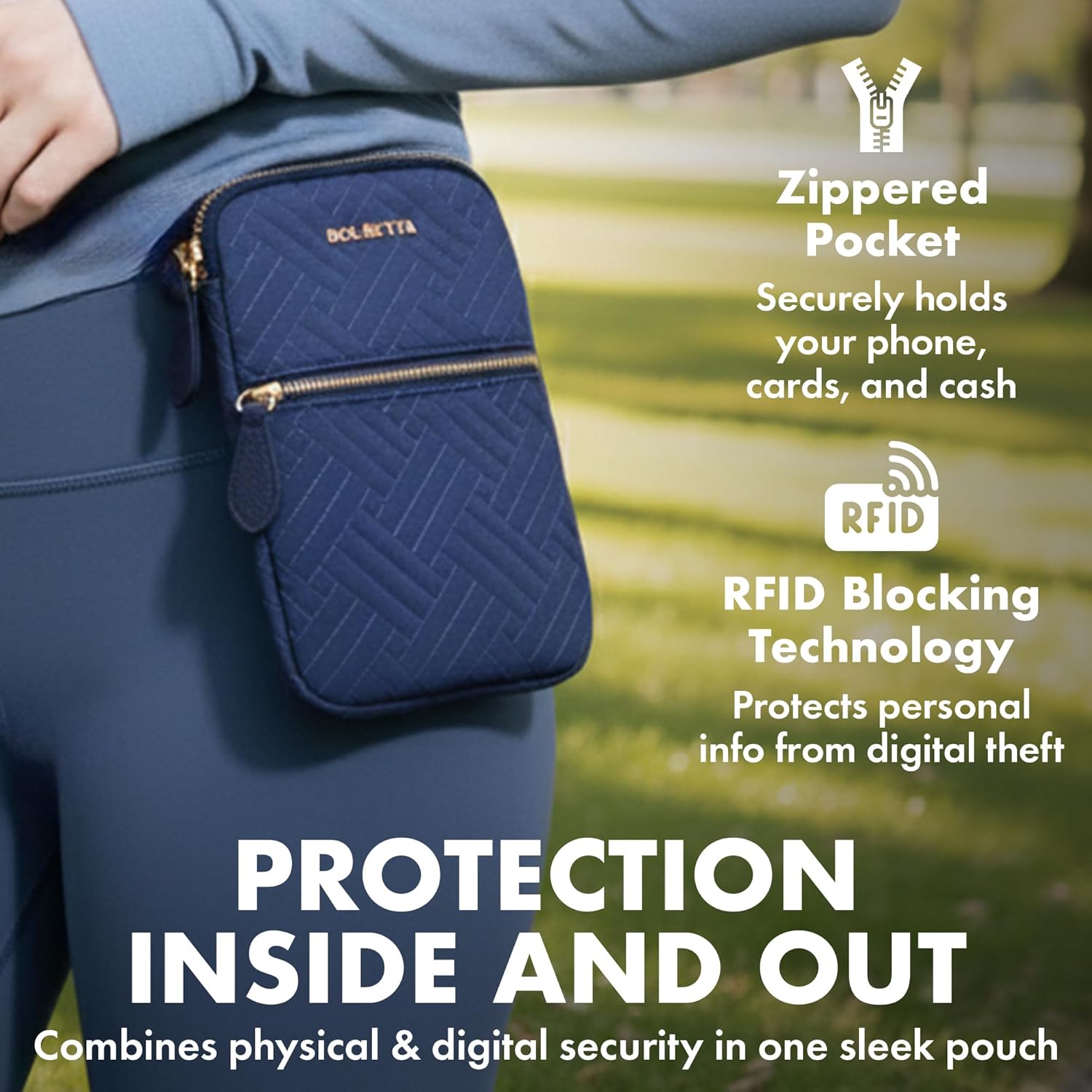 Magnetic Hip Pouch - RFID Blocking Pouch and Key Fob Protector - Zippered Pocket, Magnetic Snaplock Attachment - Lightweight Travel Wallet, Hip Bag for Concerts and Errands - Navy Quilt