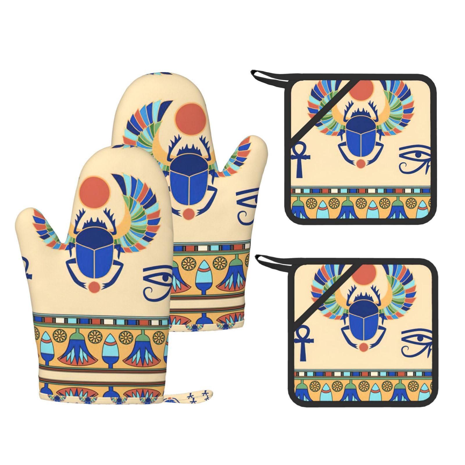 Egyptian Scarab Printed Potholder and Oven Mitt Set of 4, High Heat Resistant Cooking Gloves for BBQ Grilling