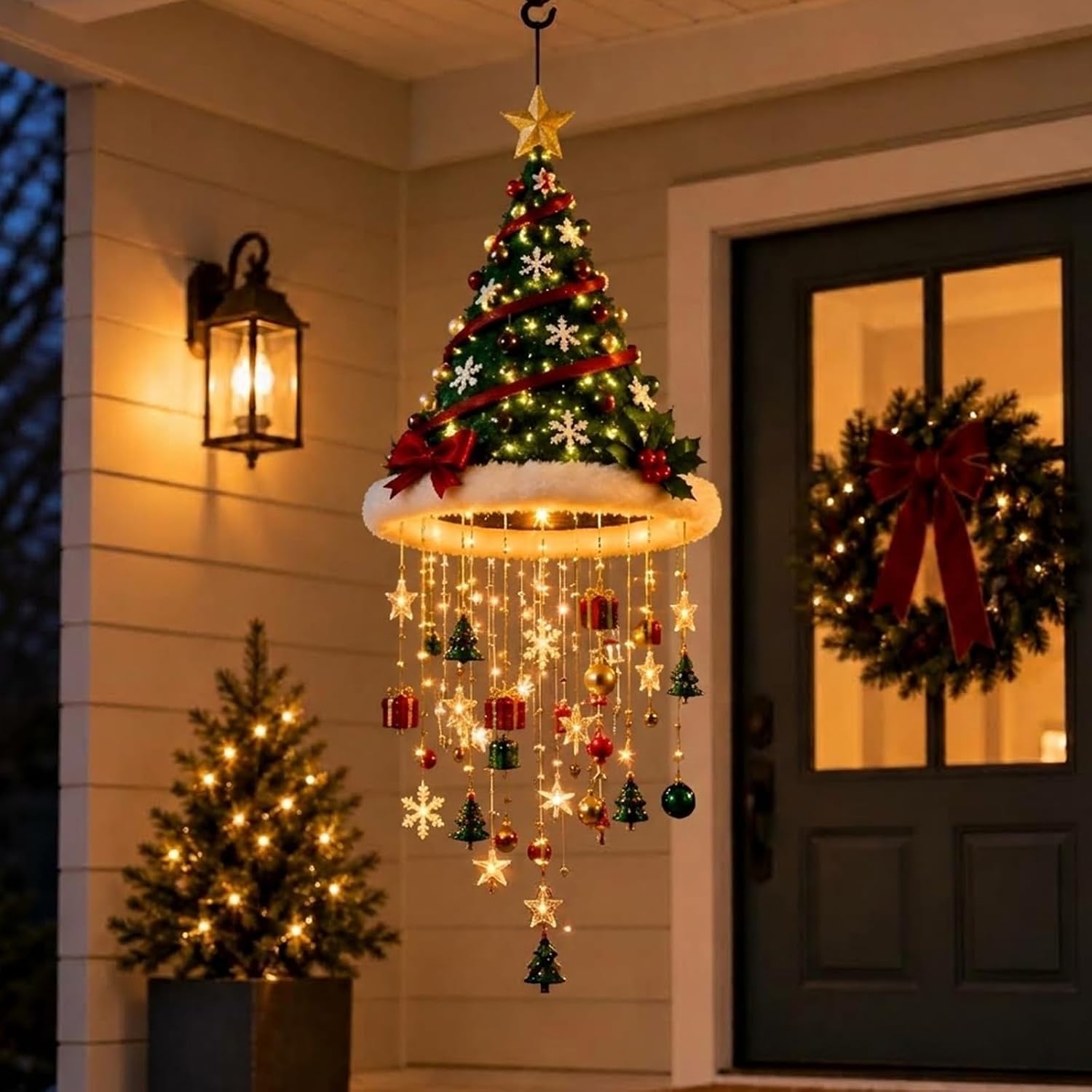 Lighted Santa Hat Chandelier Hanging Glowing Plush Lamp Warm Lights，Green