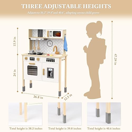 Miniatura 7 de Freniland Juego de cocina de madera para niños con estufa realista, campana extractora, horno, máquina de hielo, microondas, fregadero, con luz y