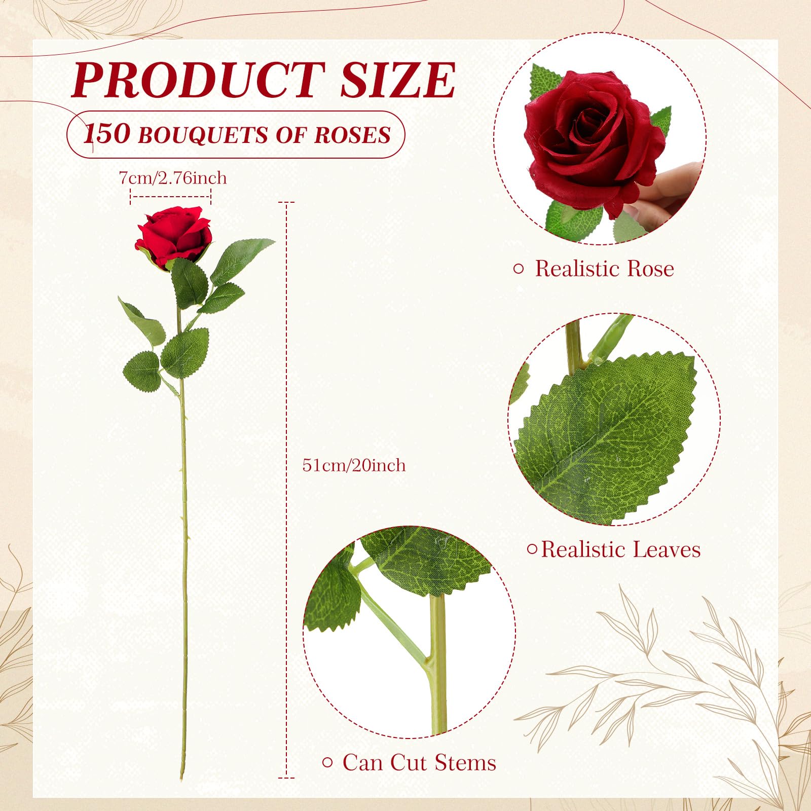 Tigeen 150 rose artificiali sfuse, rose in seta finta, realistiche, a stelo lungo, bouquet di fiori per matrimoni, centrotavola, composizioni floreali, decorazione per la casa e la cucina (rosso