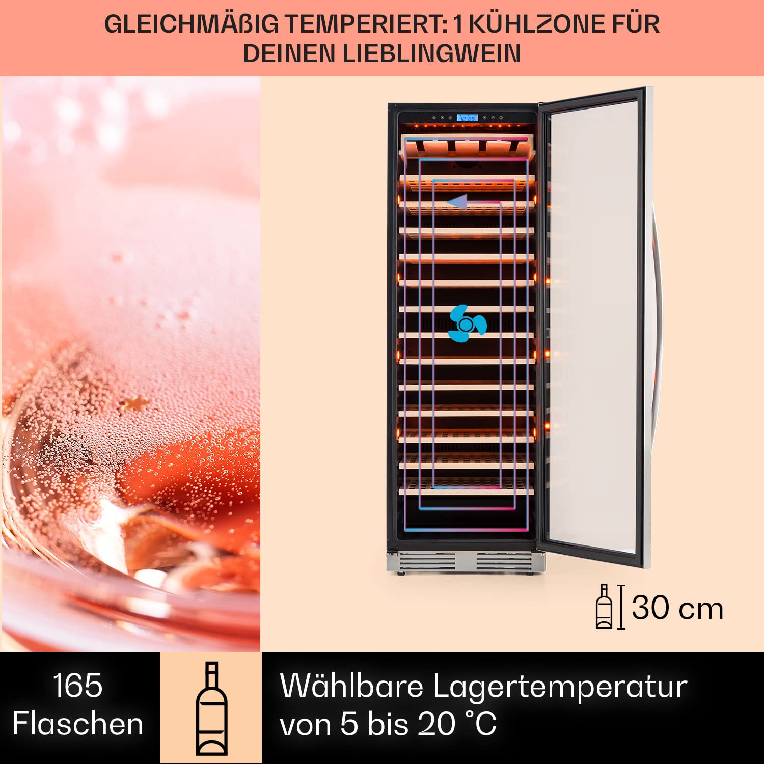 Klarstein Einbau-Weinkühlschrank 433L 1 Zonen Getränkekühlschrank mit Glastür Wine Fridge 165 Flaschen