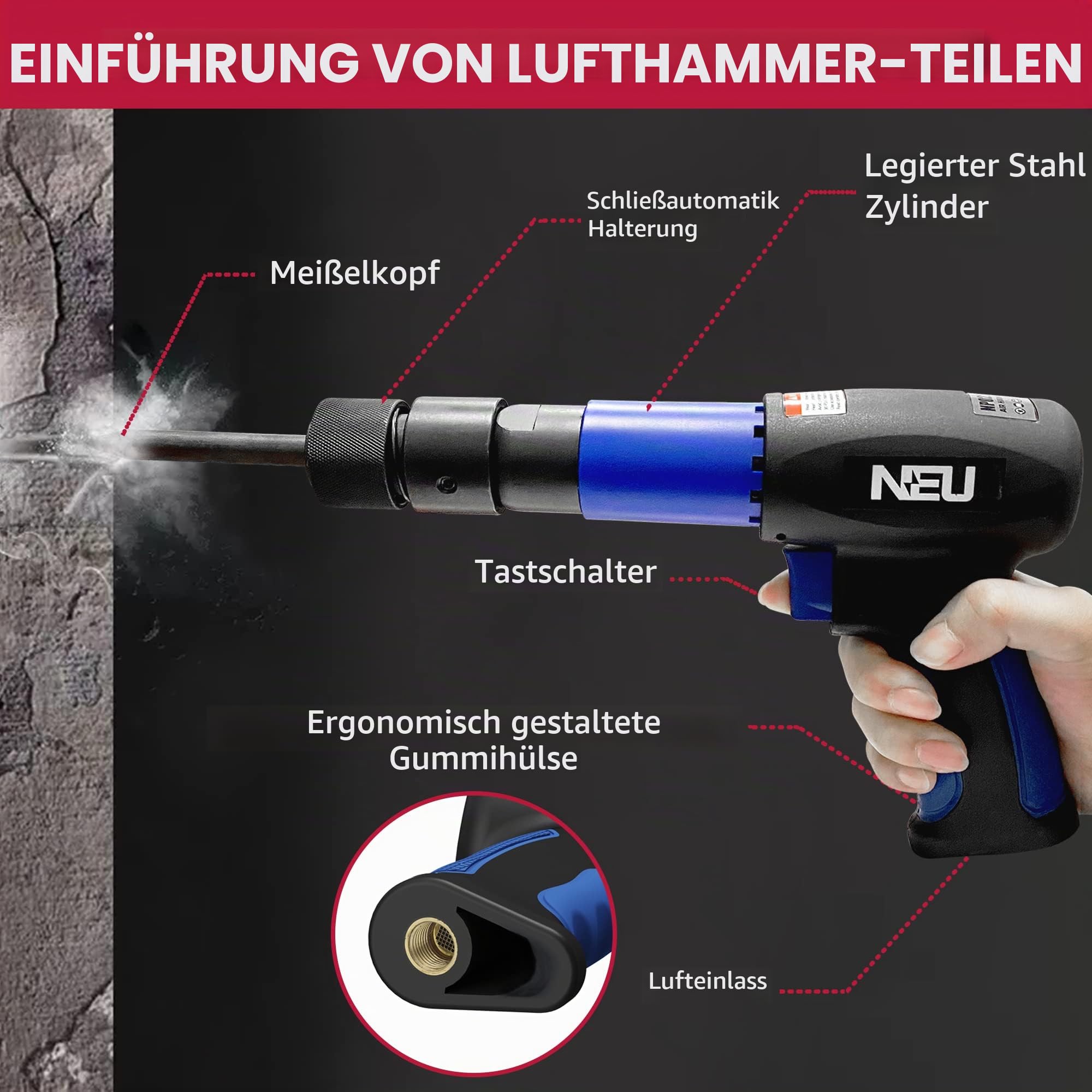 Lufthammer, NEU PNEUPACTURE 250 mm langes Luftmeißel-Set, mit 4 Meißeln, mit Schnellwechselhalter, 2200 bpm, Frontabgas, Luftmeißel zum Schaufeln und Schneiden