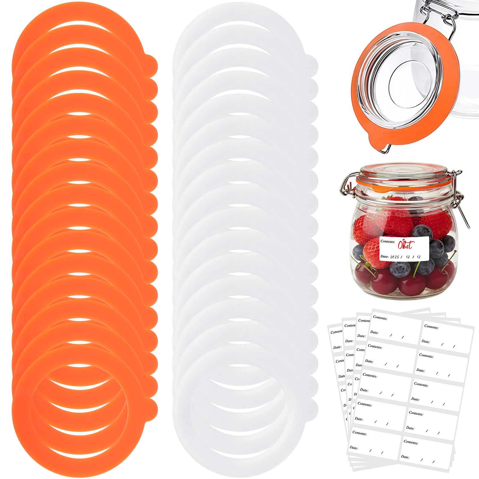 32Pcs Replacement Silicone Seals for Jar Seals, Replacement Silicone Sealing Gaskets Rings, Leakproof Sturdy Jar Airtight Seal Storage Ring for Mason Jars Clip Top (White+Orange)