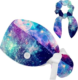 FVQL 2 Pieces Surgical Cap for Long Hair Scrub Cap with Hairband Nurse Cap, Universe Galaxy Starry Pattern