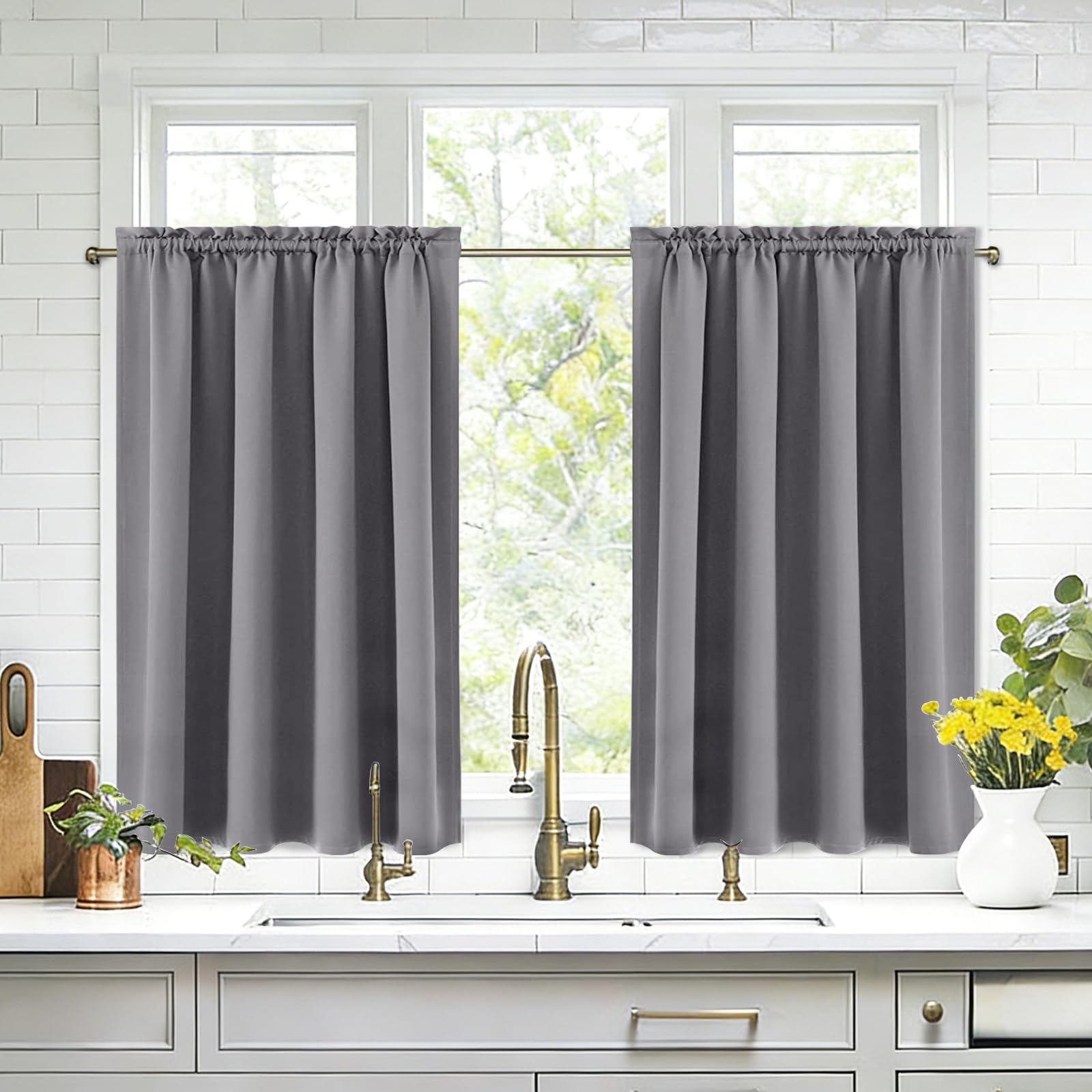 Rideaux occultants courts gris pour cuisine et chambre cocon thermique DWCN de petite taille
