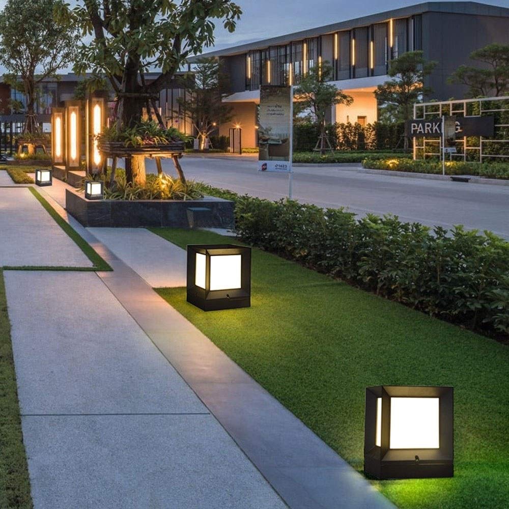 2 pack moderna Prato Paesaggio colonna luminosa IP65 impermeabile pilastro quadrato della lampada in alluminio acrilica tradizionale nero Bollard E27 esterno Messaggio Lanterna Luce Stagno Porta