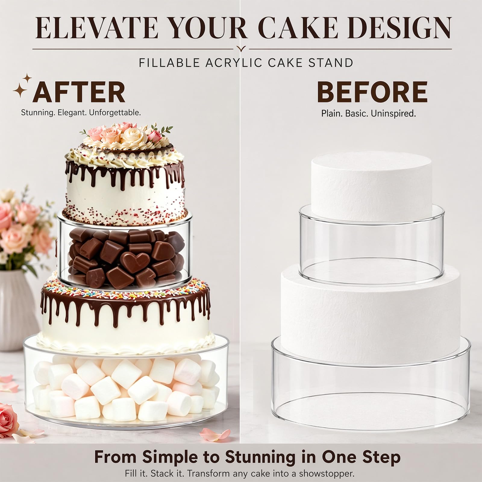 Alzata per torte riempibile a 3 ripiani in acrilico con decorazione a LED, tavolo da dessert rotondo trasparente e rialzo cilindrico, 3 alzate per torte fai da te, per compleanni, matrimoni e feste (2
