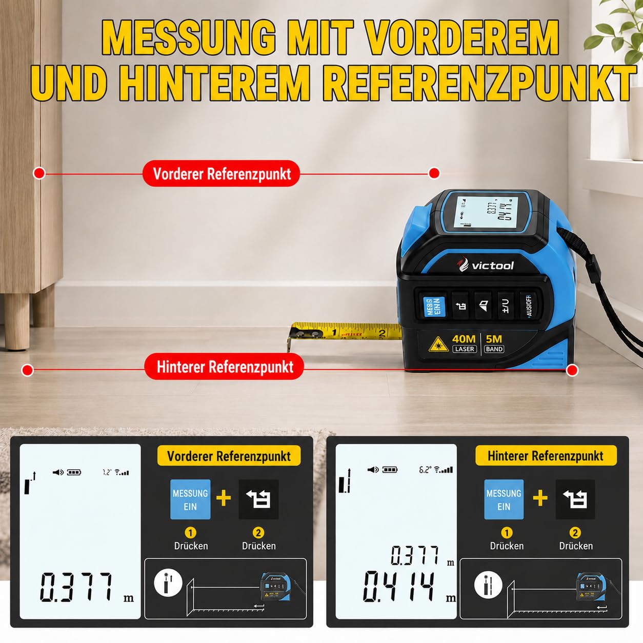 4-in-1 Laser Maßband 40m + 5m Bandmaß, Wiederaufladbarer Laser-Entfernungsmesser mit Wasserwaage und Kreuzlaser, IP54 Wasserdicht Digital Massband, für Heimwerker und Profis