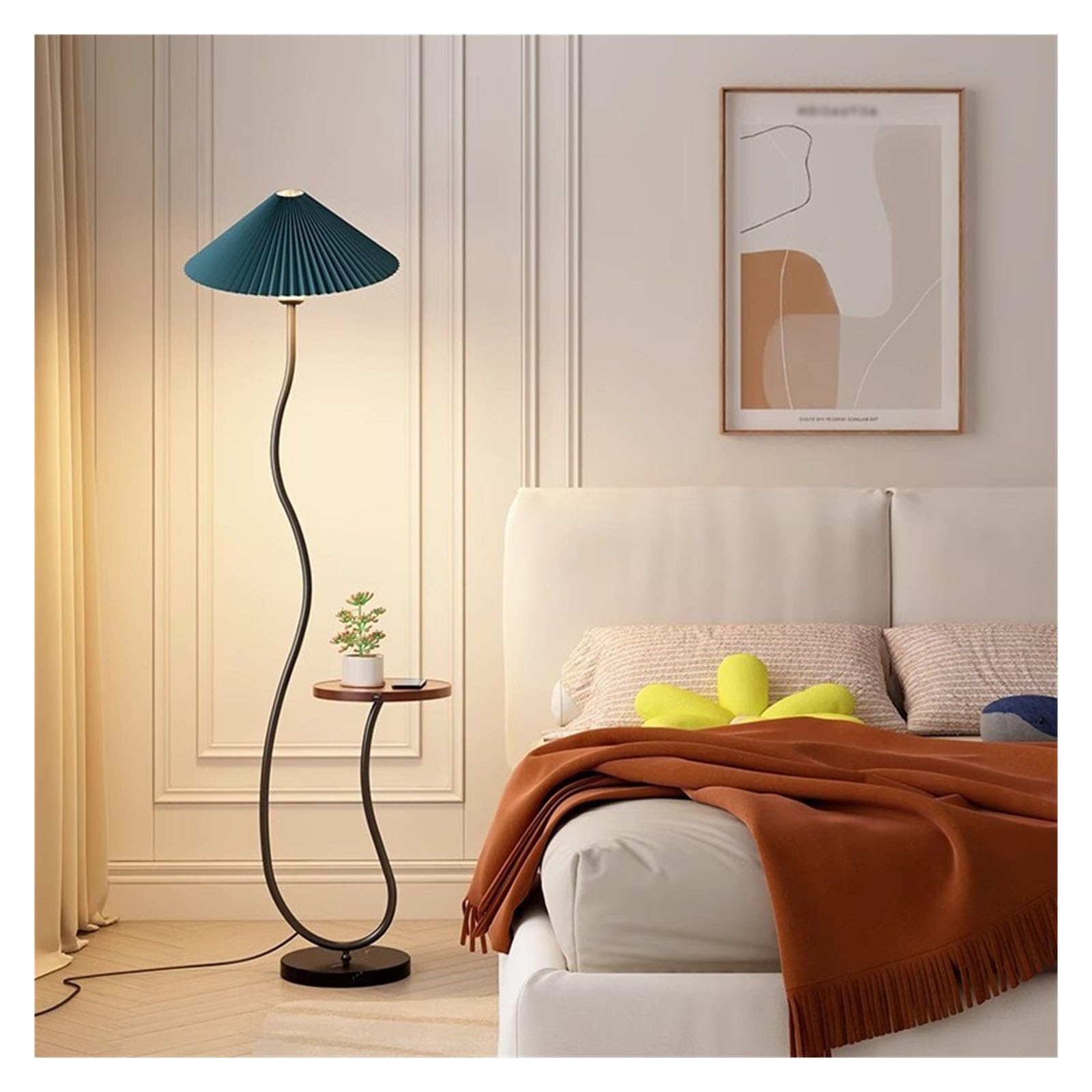 LJHFG63KUYT Standing Lamps Modern Mid-Century Gold Arc Floor Lamp with Shelf with Pleated Cloth Lampshade Marble Base Decorate(Green)