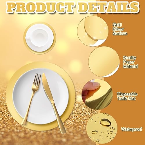Miniatura 3 de craftshou 200 manteles individuales redondos de papel dorado de 12 y 4 pulgadas, desechables, con purpurina, para decoración de mesa de comedor,