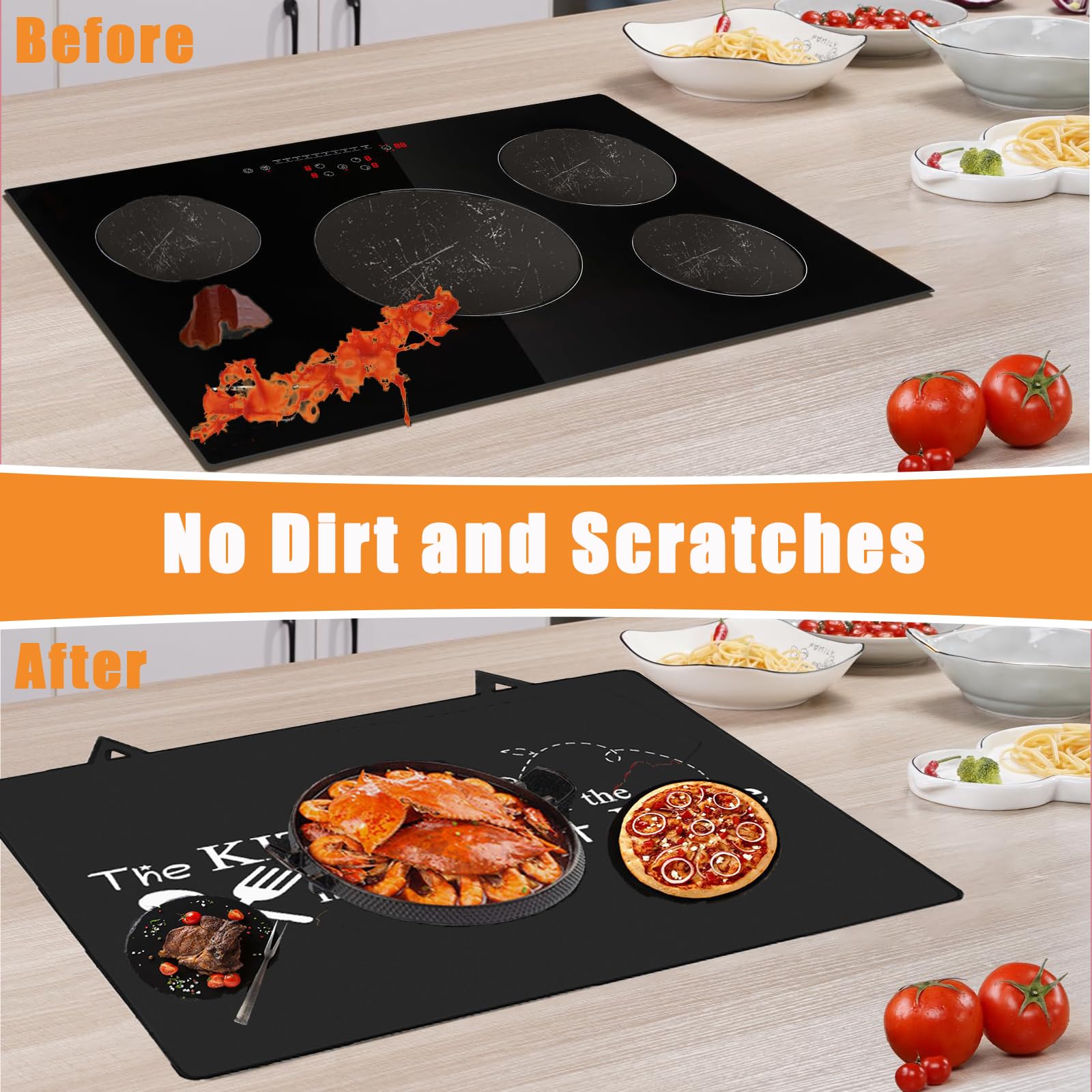 Alfombrilla protectora para placa de inducción, Placa de Cubierta de Cocina,Tapete de Inducción Silicona 62 * 53cm con 2 ganchos, alfombrilla protectora antideslizante para estufas, encimeras (01)