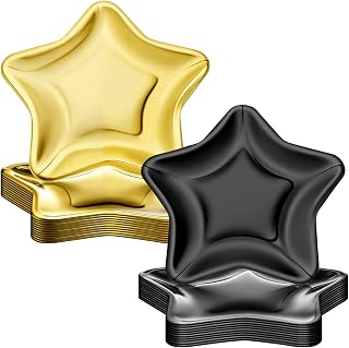 40pcs Thick Star Shaped Paper Plates Gold and Black American Musical Disposable Party Plate Pentagram Dinnerware Decorations for Graduation Independence Day Wedding Birthday Shower 9.45 Inch