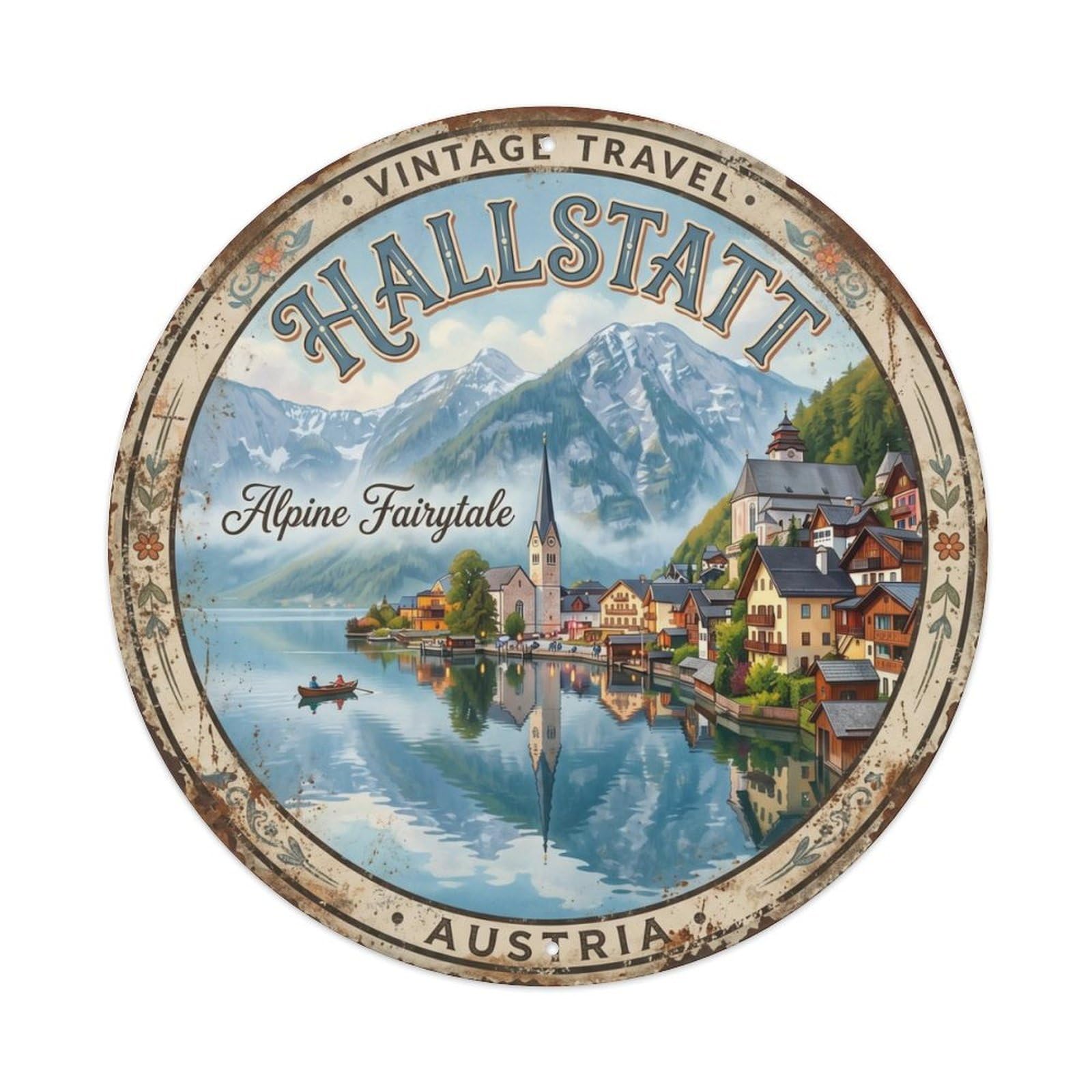Vintage Travel Hallstatt Lakeside Austria Metal Tin Sign Plaque Wall Decor for Cafe, Club Bar, Office, Home Garden Round Metal Poster 8x8Inch